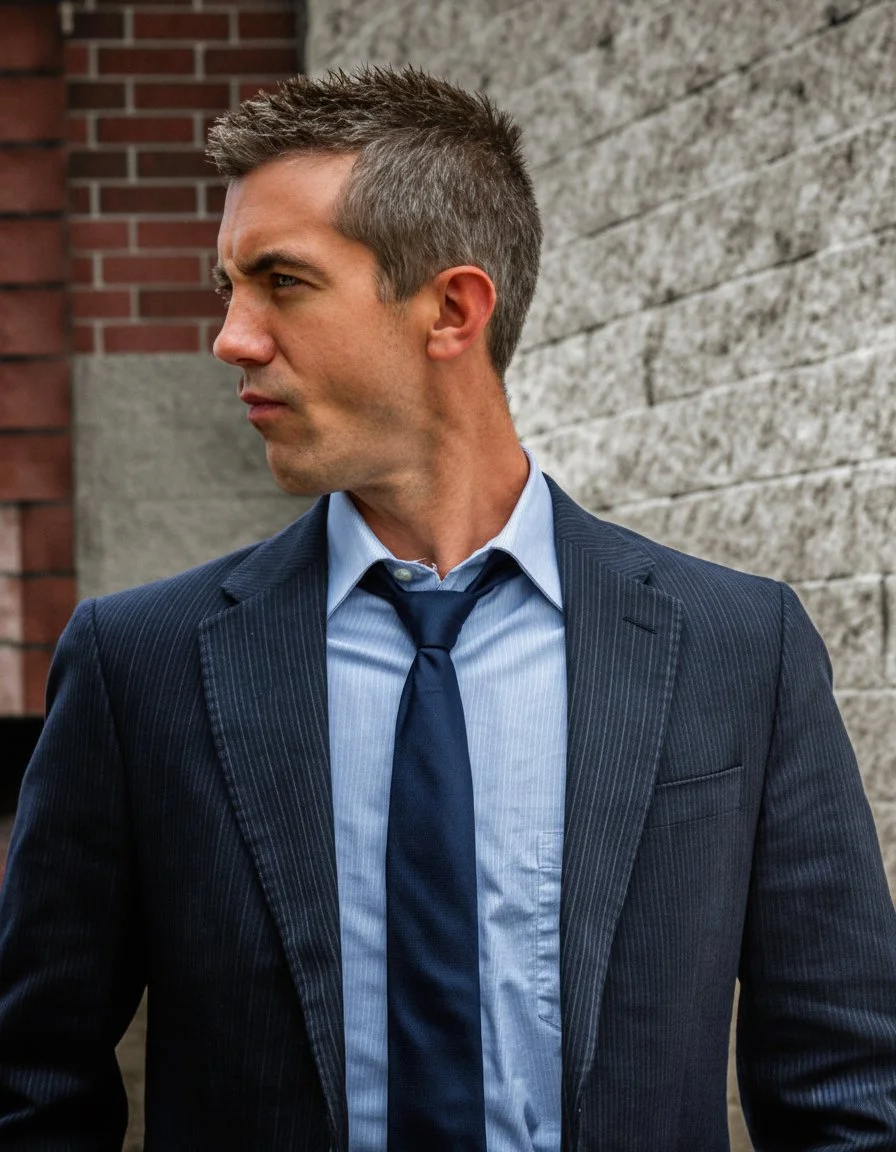 Outdoor portrait of a man in a navy suit beside a stone and brick wall