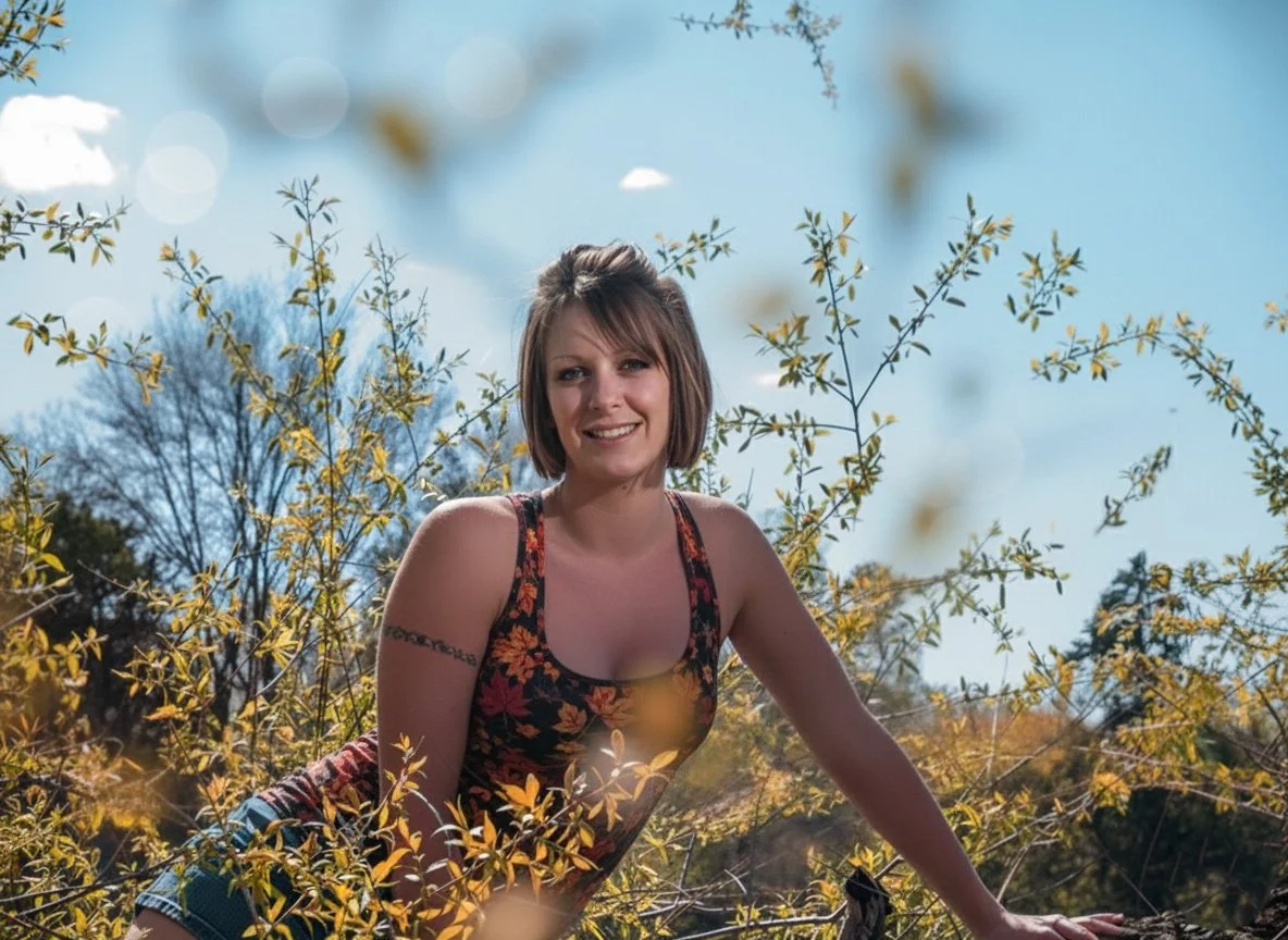 A smiling woman with short brown hair in a floral tank top outdoors among yellow leaves and bare trees, under a clear blue sky.