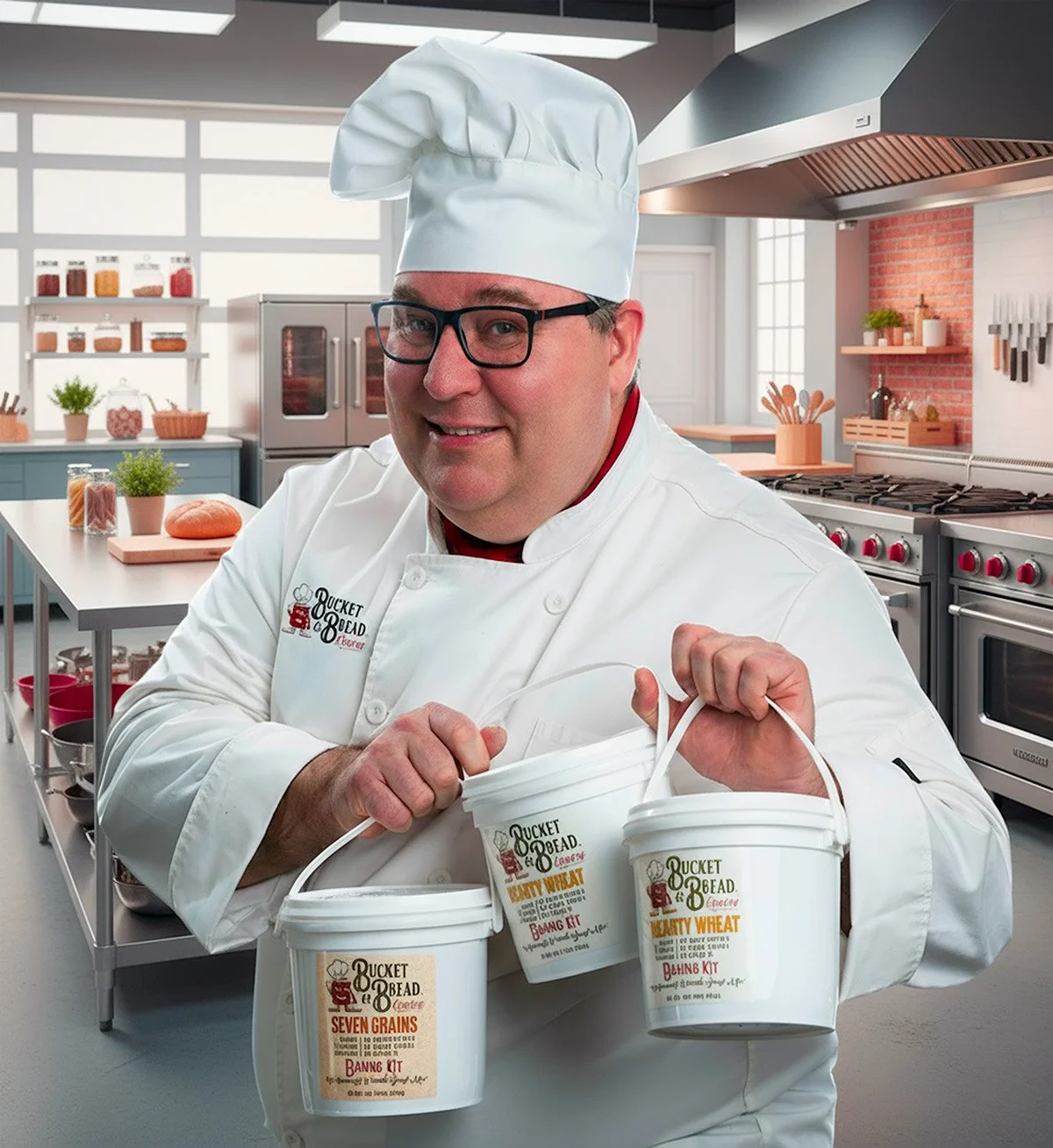 A man dressed as a chef holding three buckets of baking mixes in a commercial kitchen.