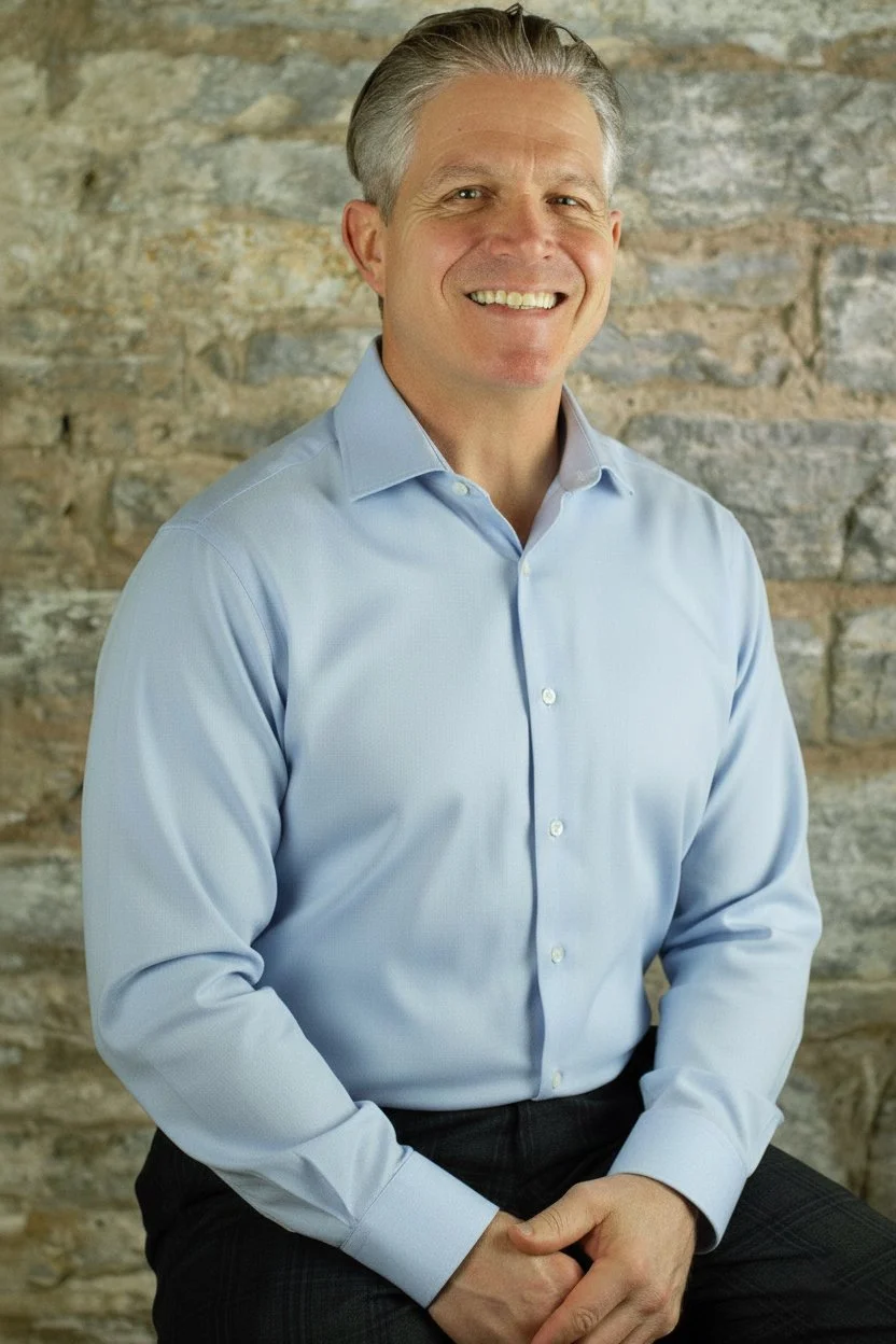 A smiling man with gray hair wearing a light blue dress shirt, sitting in front of a stone wall.