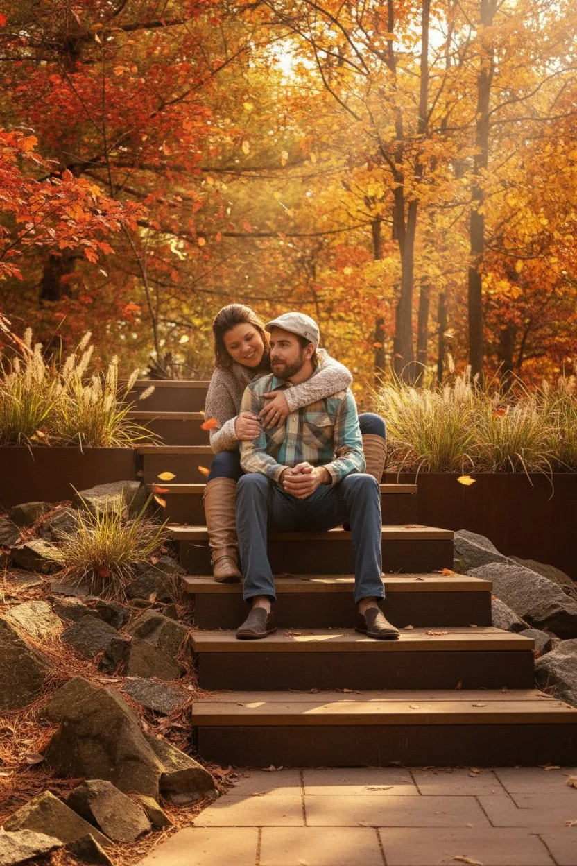 A couple sitting on outdoor wooden steps surrounded by autumn trees with colorful fall leaves.