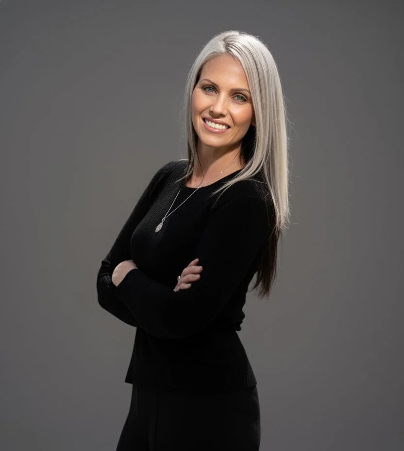 A smiling woman with platinum blonde hair, photographed against a gray studio background