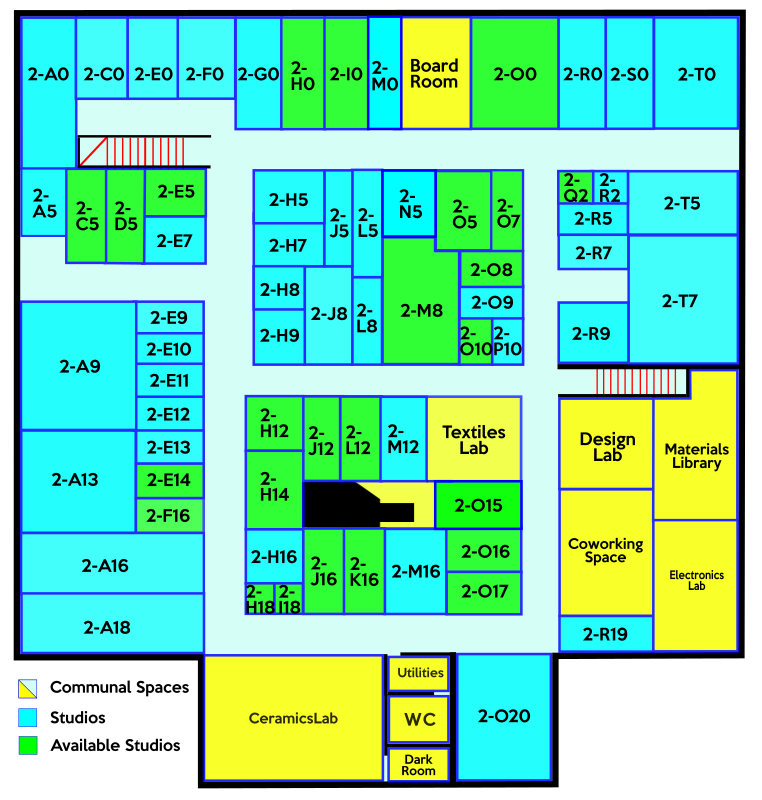 Floor plan of a creative or educational facility showing various rooms and spaces, including studios, labs, community spaces, and utilities, labeled with codes and color-coded for different types of spaces.