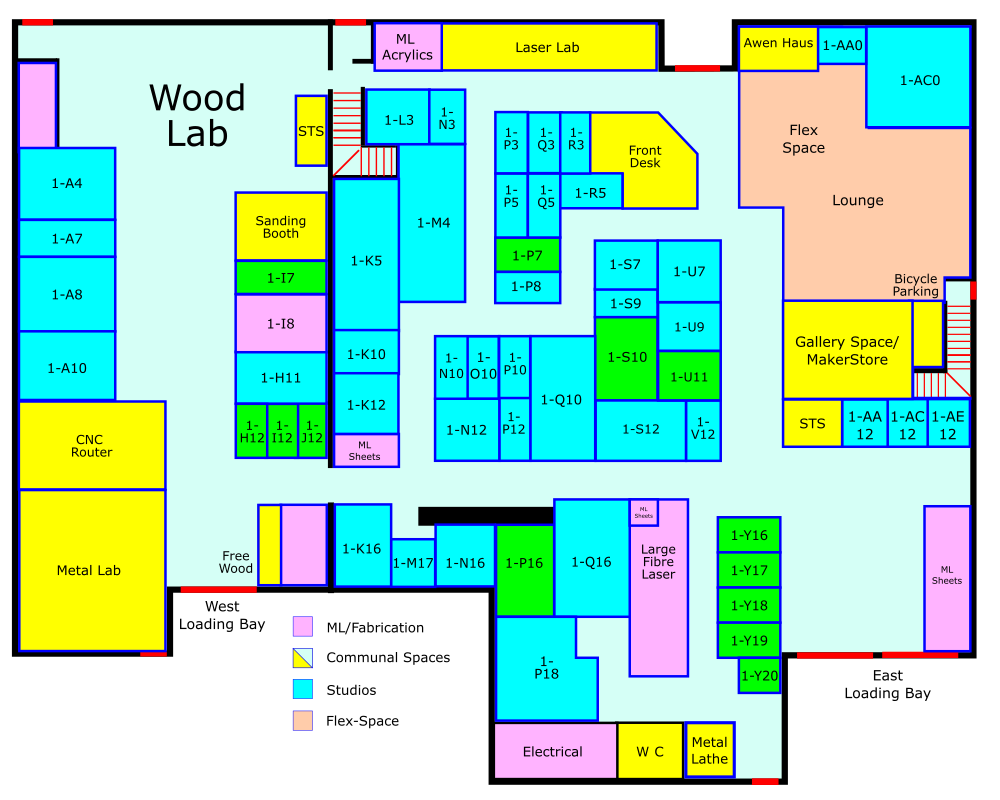 Floor plan of a makerspace or workshop with labeled areas for wood lab, laser lab, metal lab, and various workstations, storage, and office spaces.