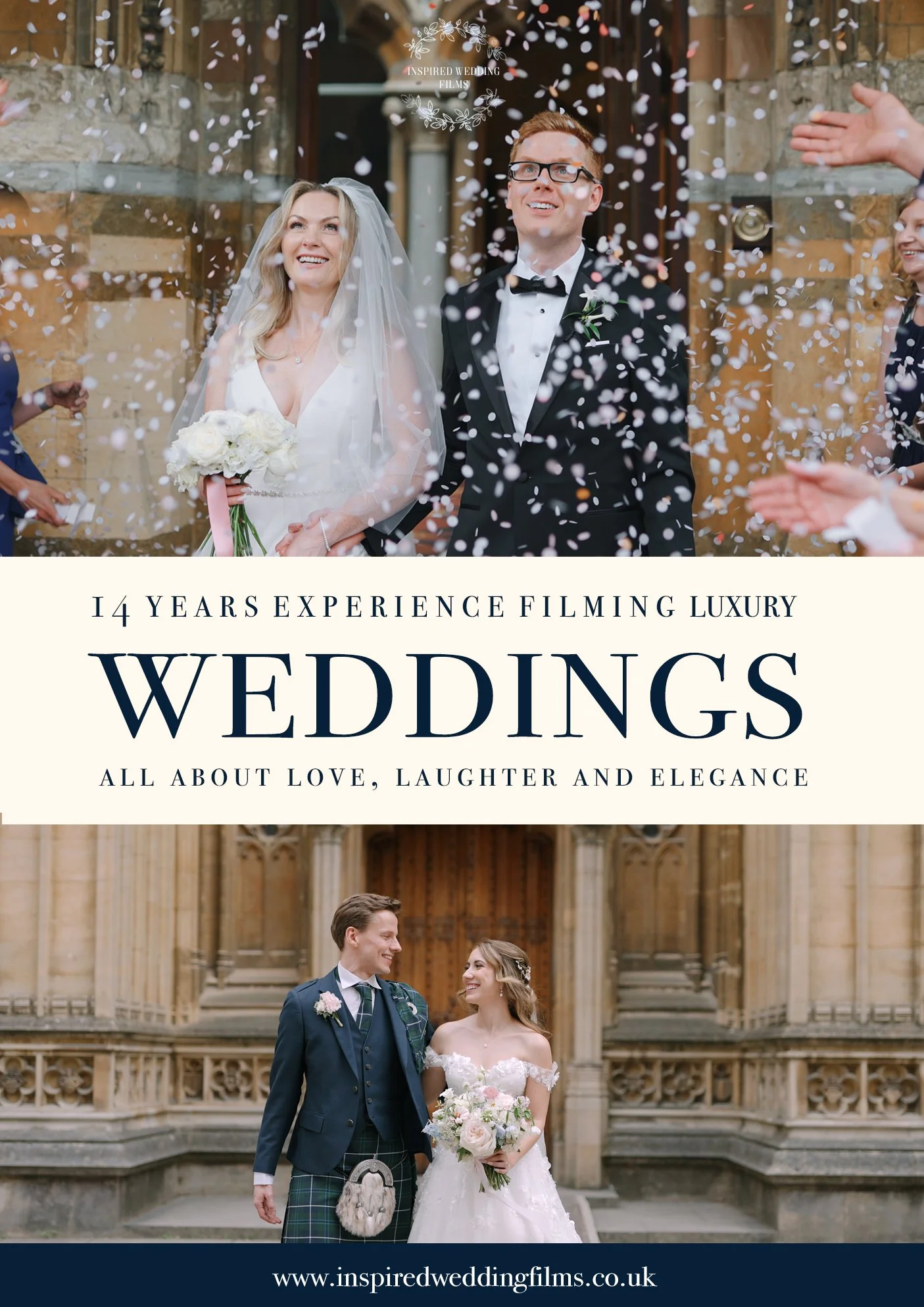 A bride and groom standing outside a historic building, celebrating wedding with confetti falling around them. The bride is holding a bouquet of white flowers, and the groom is dressed in traditional Scottish attire with a kilt, jacket, and tie.