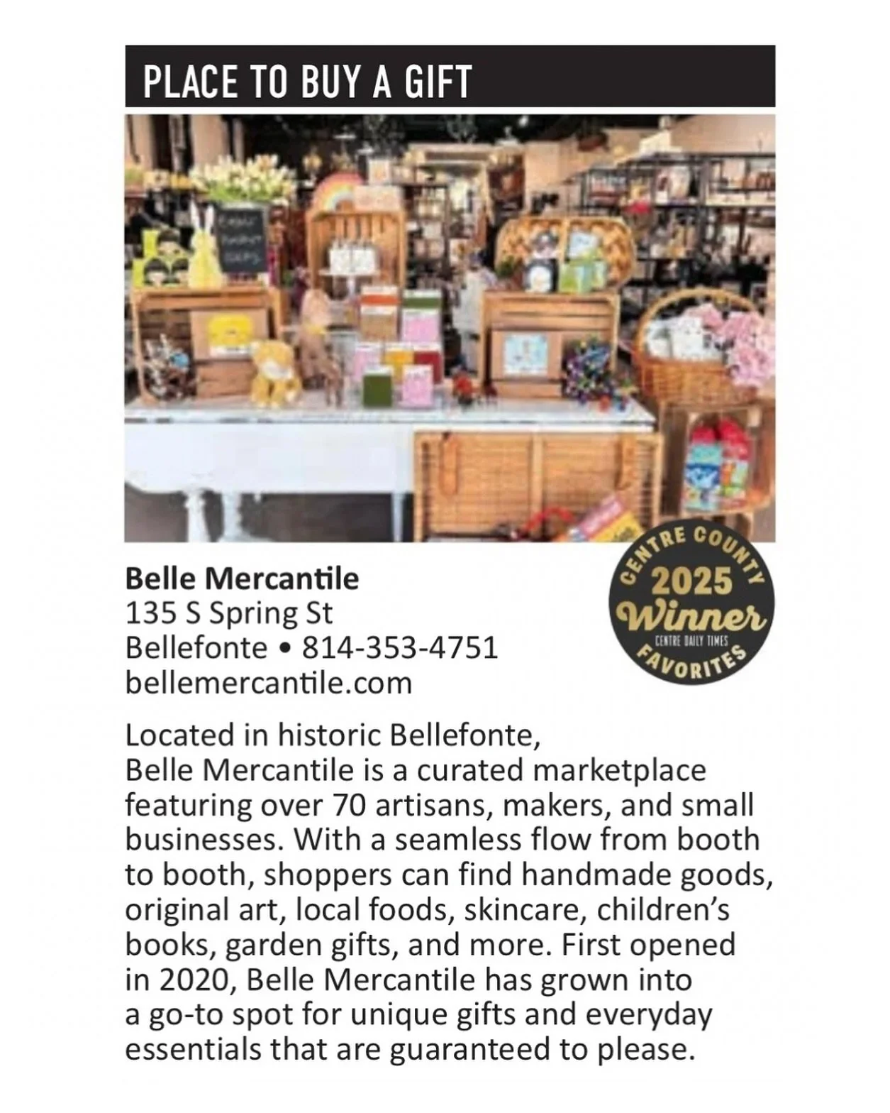 Thank you for so much for voting Belle Mercantile GOLD for the Best Place to Buy a Gift category in the @centrecountyfavorites reader survey! We truly appreciate your support and your trust in us to provide special and unique gifts. 
Thank You!

#tha