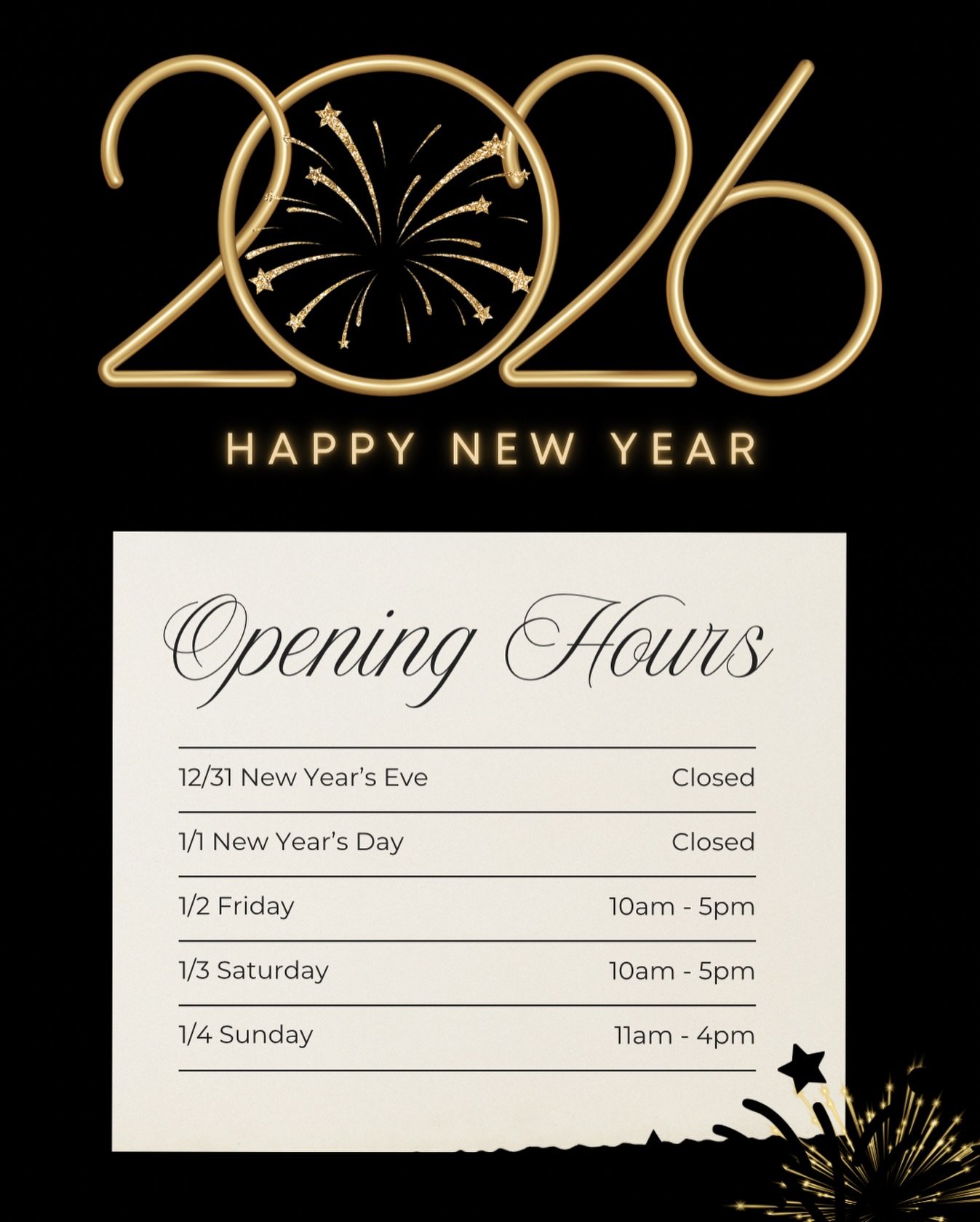 A reminder of our hours this week. We are closed until Friday, January 2nd for a rest and reset.  See you in 2026. 
Happy New Year!