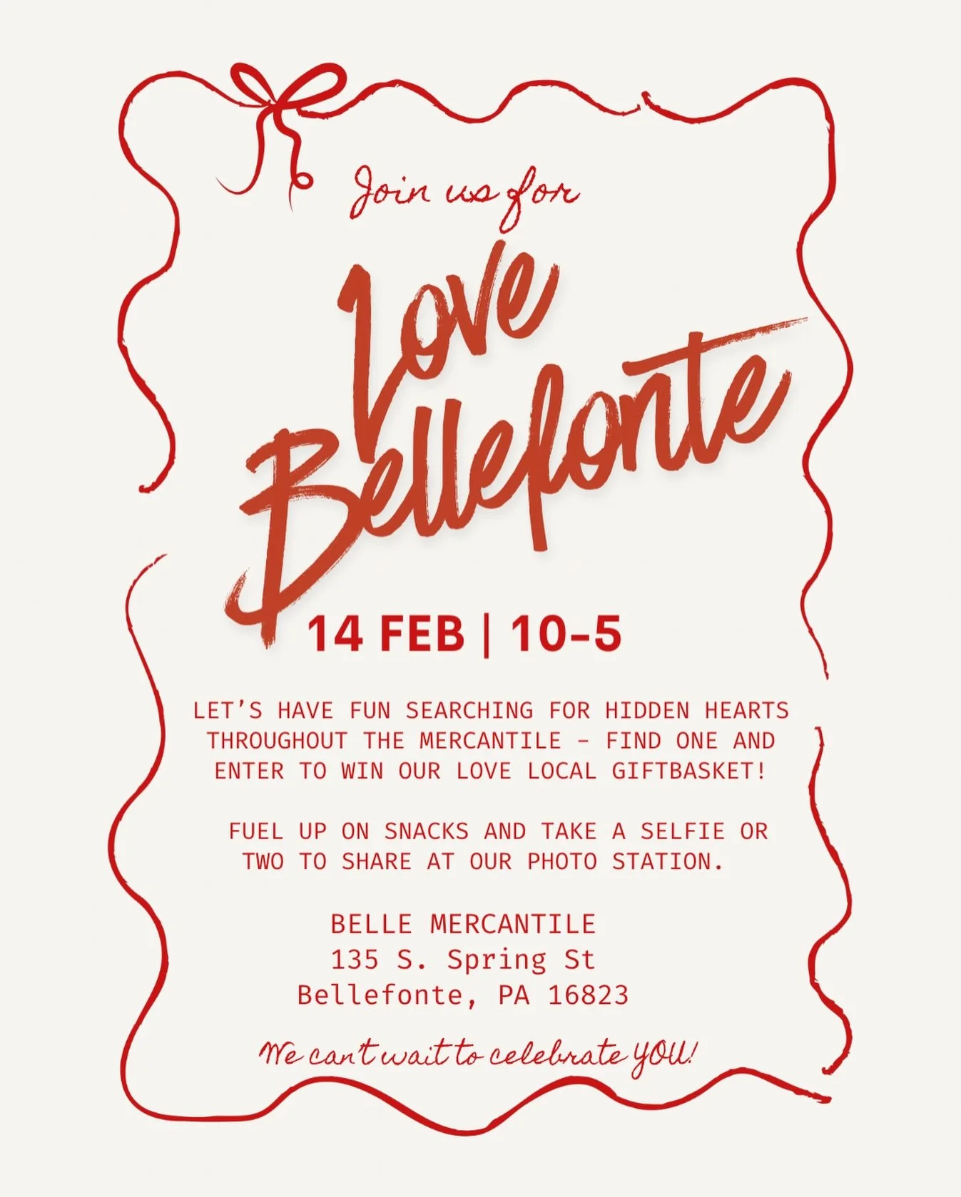 Did you hear that the Bellefonte businesses are getting together for a Love Bellefonte Day on February 14th! 
Come out and have fun while you show you love for your community and have fun at each participating business with special promotions. 

At B