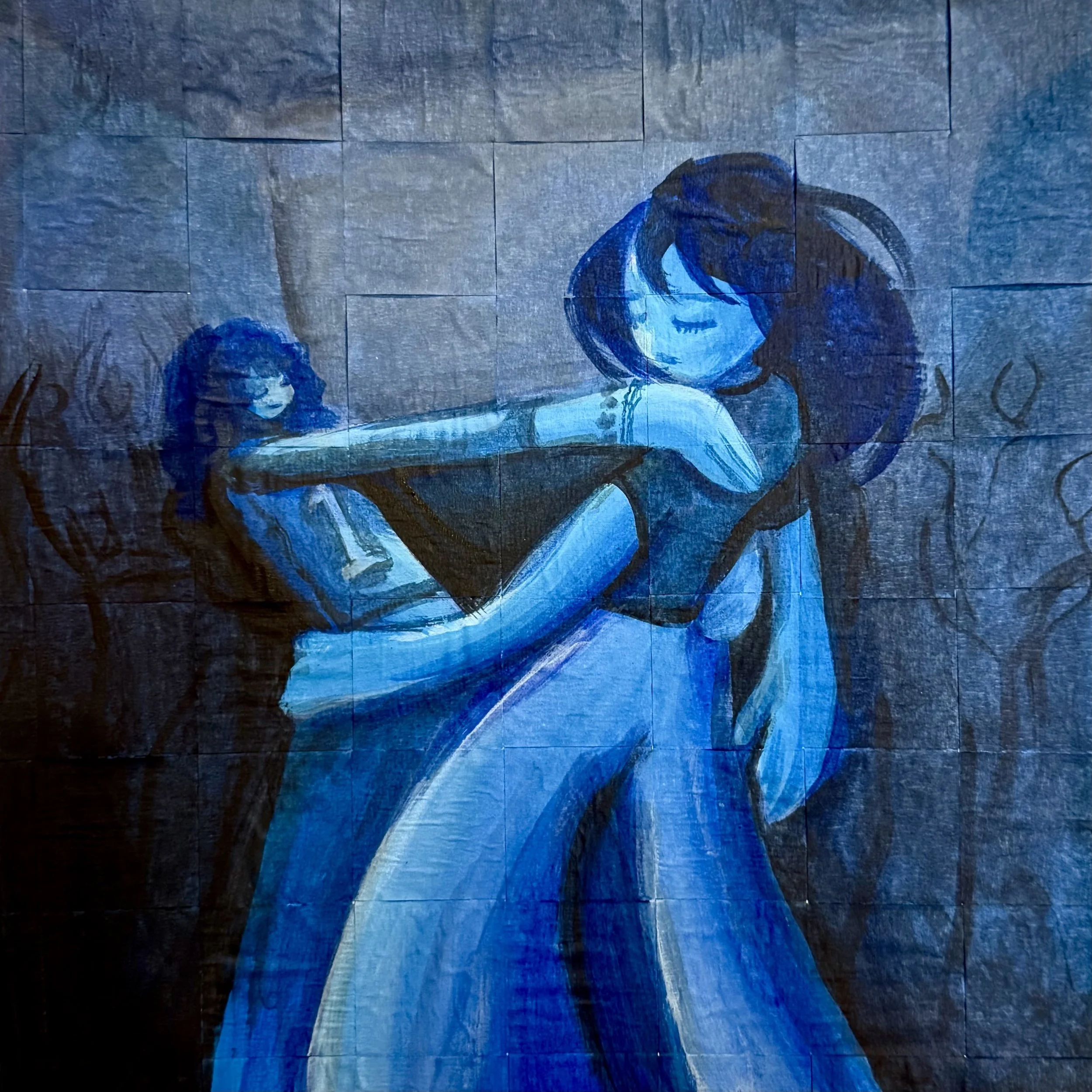 perrreeooo || 11.5x11.5" || acrylic over weaved tape