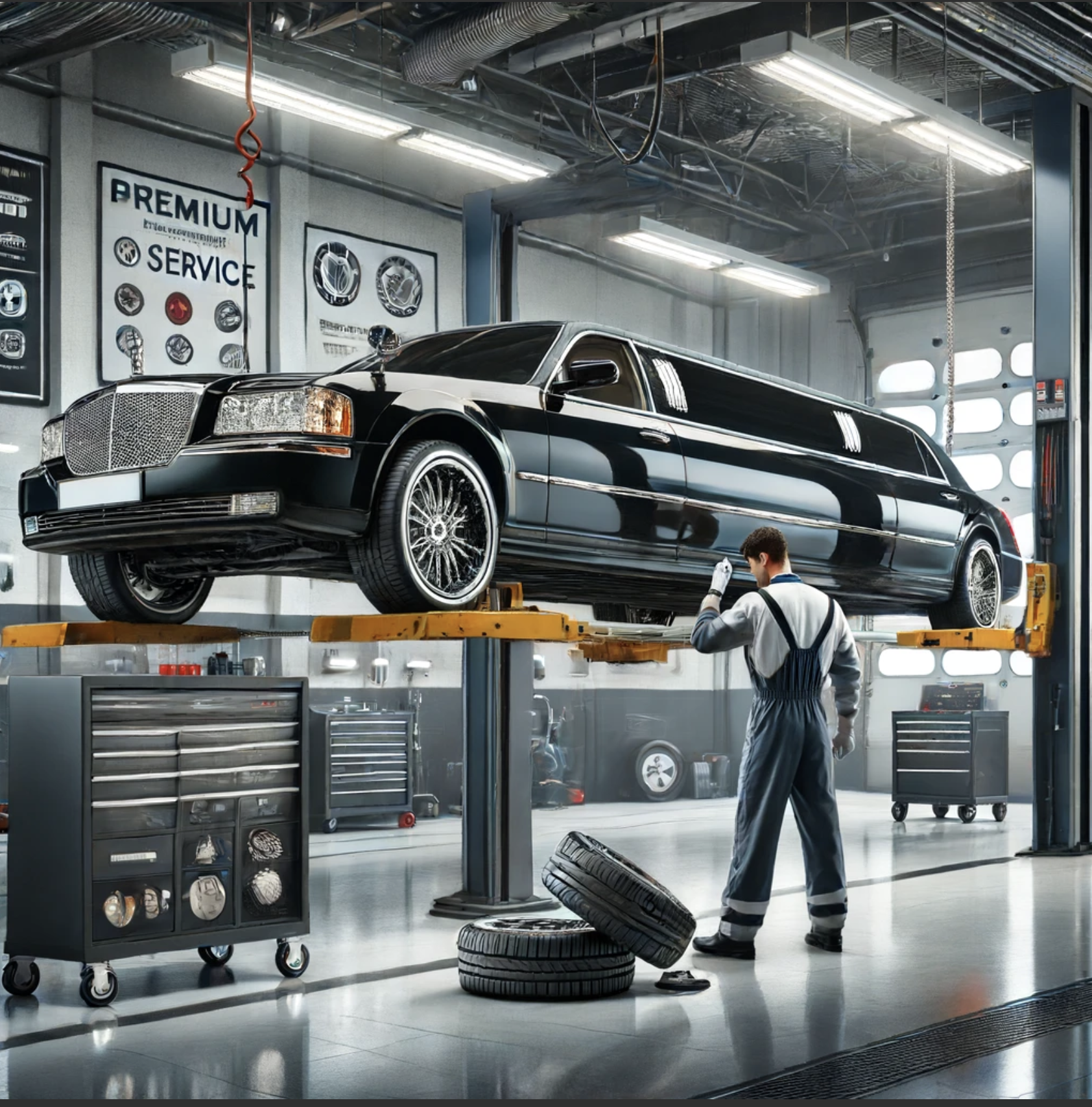 super premium luxury limousine undergoing a maintenance check