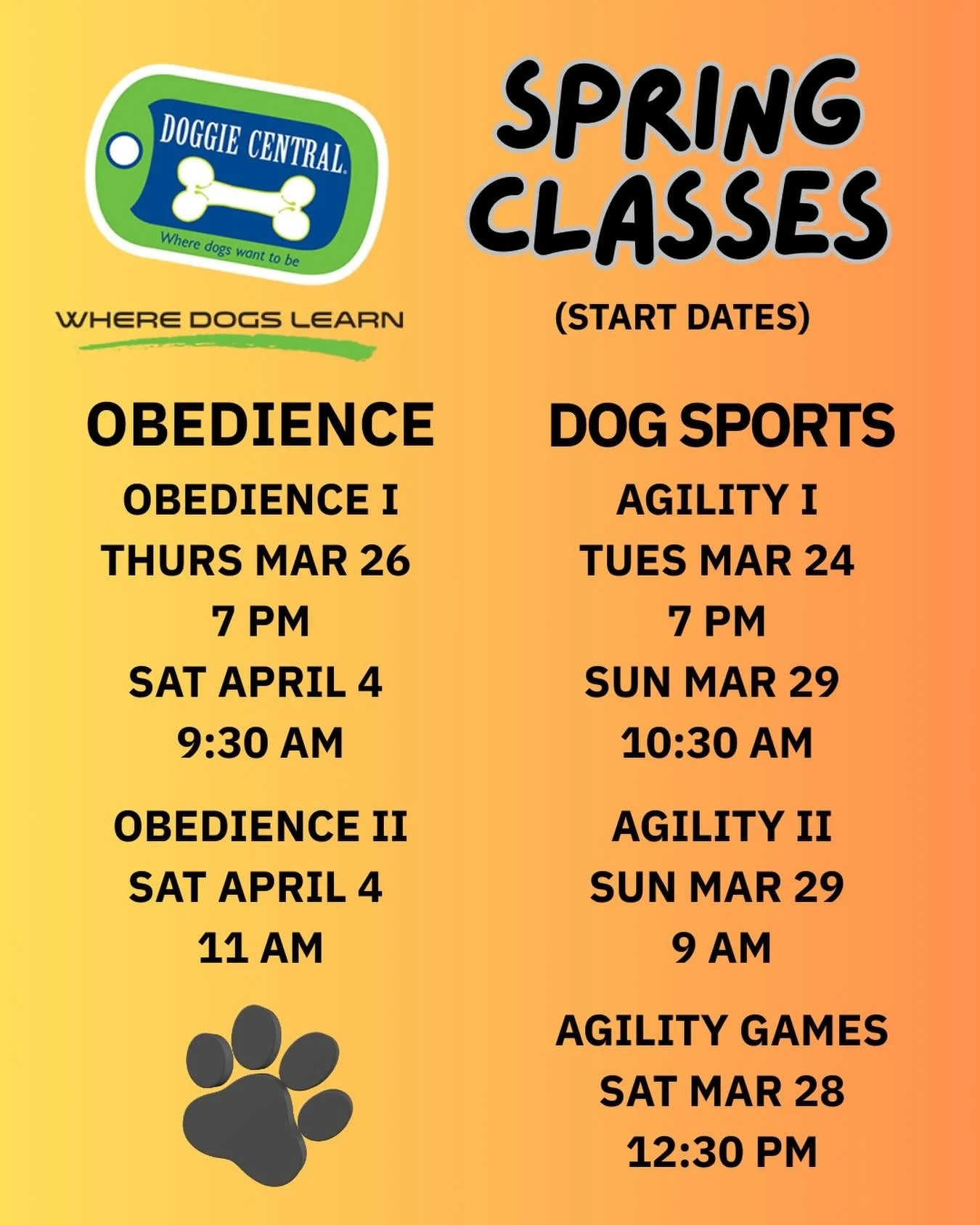 Here are our Spring classes. 
Call Text or Email to register. 
416-412-7771  dogsatdc@gmail.com