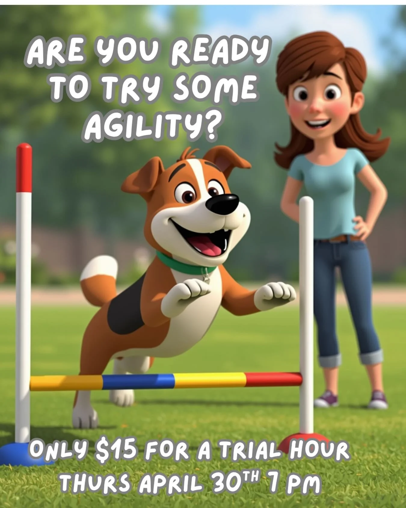5 SPOTS ONLY 
TUES APRIL 30th 7-8 PM
Sign up and see why our Agility for Fun is a blast!💥
Call Text or mail to register 
416-416-7771 dogsatdc@gmail.com
FIRST COME FIRST SERVED