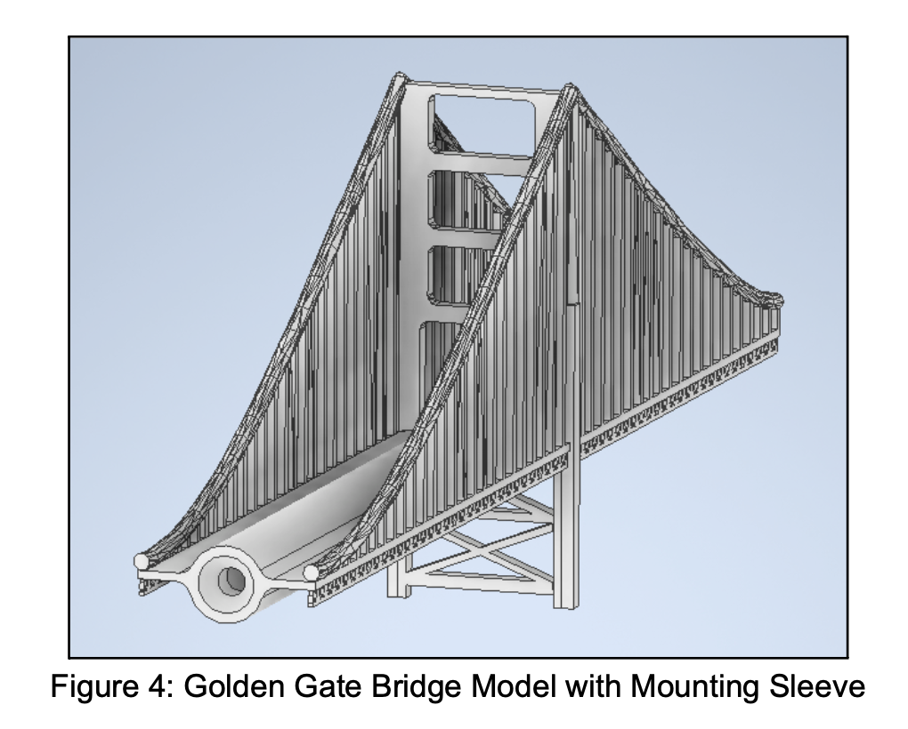 CAD of Golden Gate. Counter-sunk bore hole allows wind tunnel mounting rod to slide inside tube without contact until bolt. This ensures the net force acts on only one point on the rod, resulting in more accurate measurements from the strain gauge.
