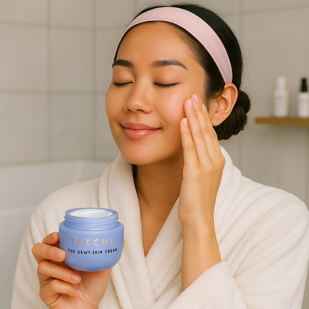 Woman in a cozy bathroom applying moisturizer while holding a Tatcha Dewy Skin Cream jar, promoting Cyber Monday beauty deals.