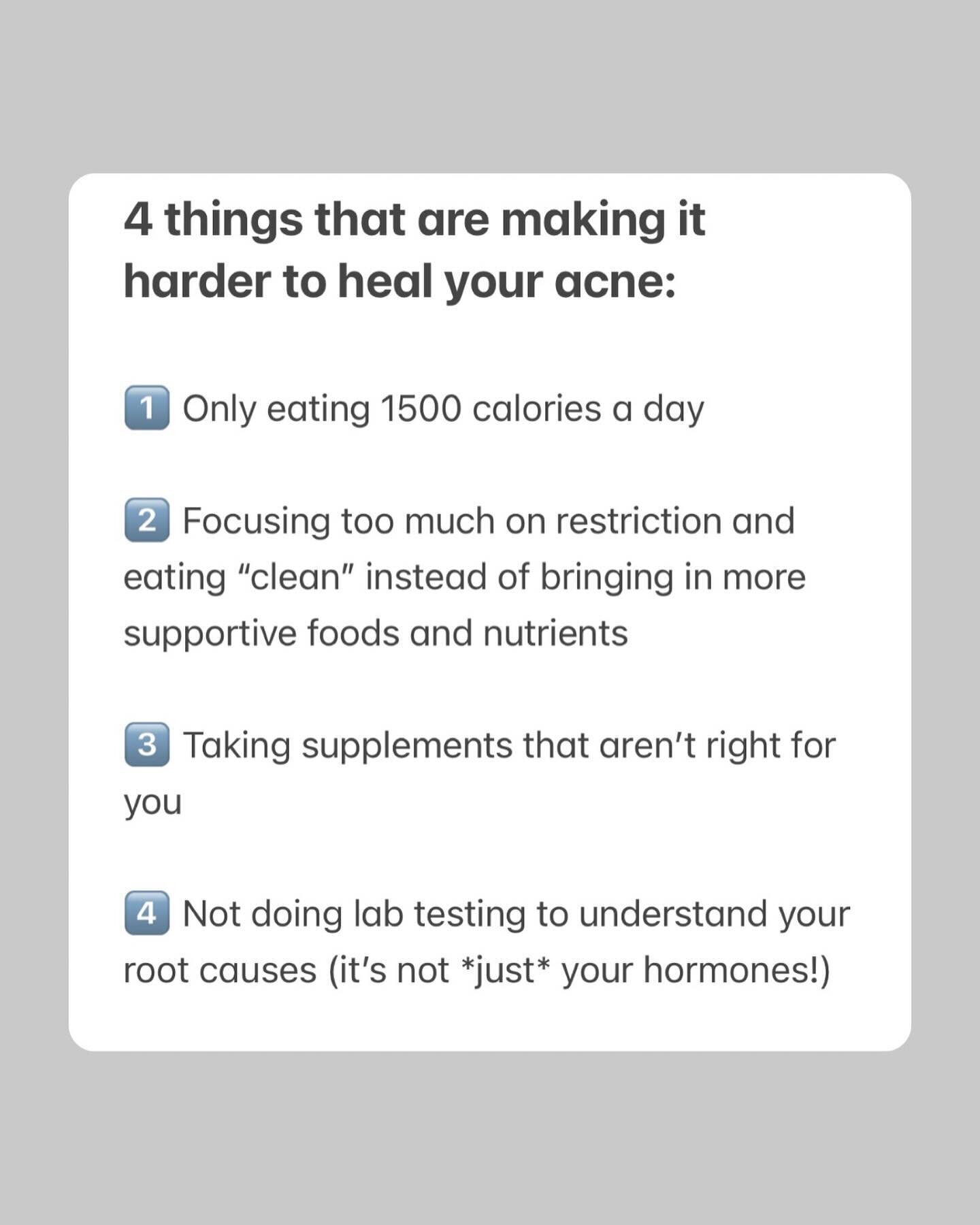 If you feel stuck in healing your acne, this is for you 👇⁣
⁣
Hard truth: you can&rsquo;t expect your acne to heal when you aren&rsquo;t giving your body it needs. ⁣
⁣
If you&rsquo;re not eating enough to support a healthy metabolism, your acne won&r
