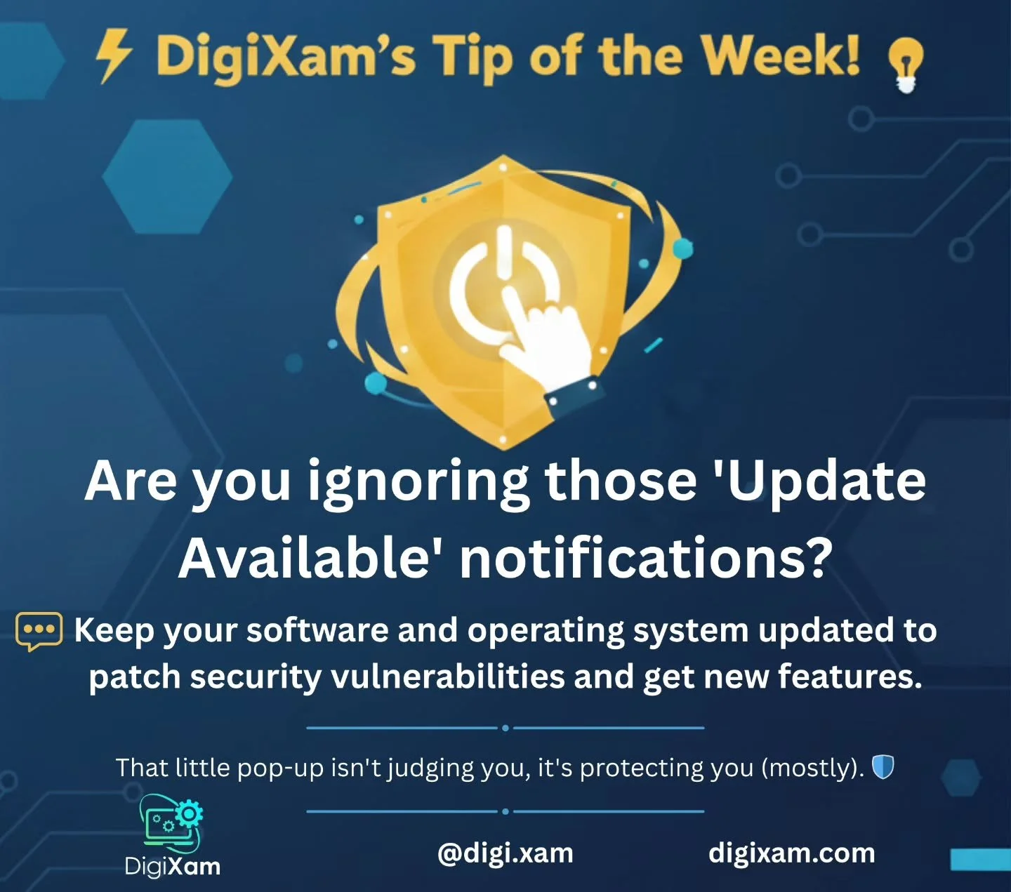Feeling a little behind the times with your tech? ⏳ Don't ignore those nudges! Remember this week's #DigiXamTipOfTheWeek!

💡 Are you ignoring those 'Update Available' notifications? 💡

It sounds simple, but keep your software and operating system u