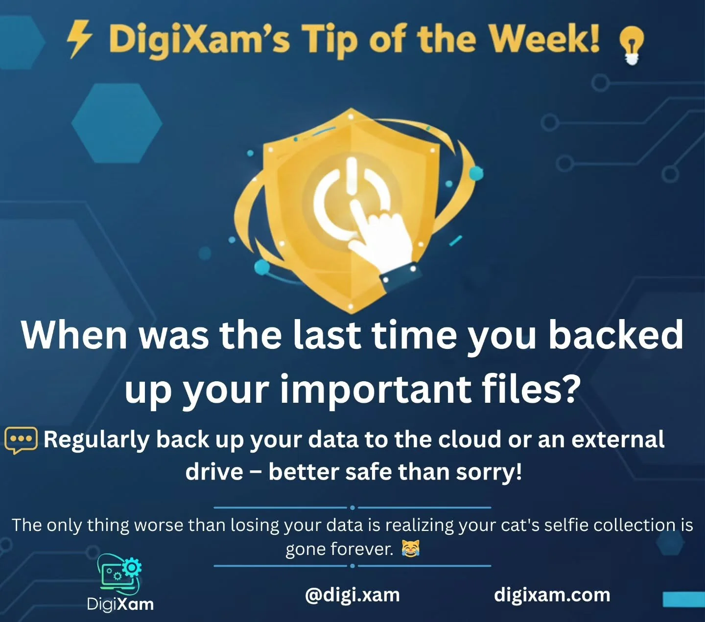 Ever had that sinking feeling of losing important files? 😩 Don't let it happen to you! Remember this week's #DigiXamTipOfTheWeek!

💡 When was the last time you backed up your important files? 💡

It sounds simple, but regularly back up your data to