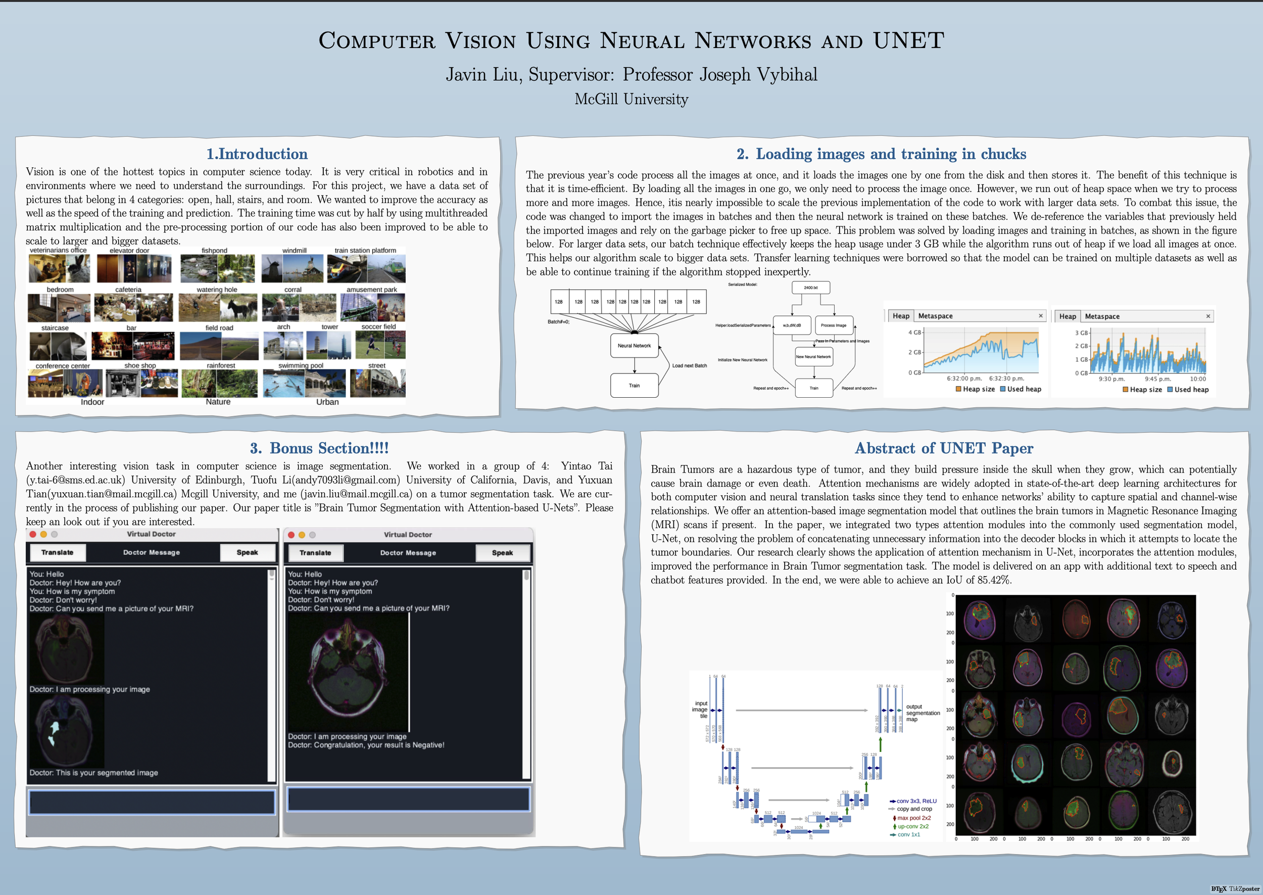 Academic poster titled 'Computer Vision Using Neural Networks and UNET' with sections on introduction, loading images and training in chunks, bonus section and abstract of UNET paper. Contains diagrams, flowcharts, and sample images related to neural network processes, image segmentation, and brain tumor detection.