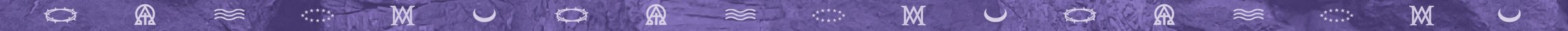 A decorative purple strip of patterned graphics containing symbols and Marian iconography, including a Crown of Thorns, Alpha and Omega with Cross in the center, a Symbol of water, a 12 stars crown, a Monogram of Virgin Mary, and a crescent moon.