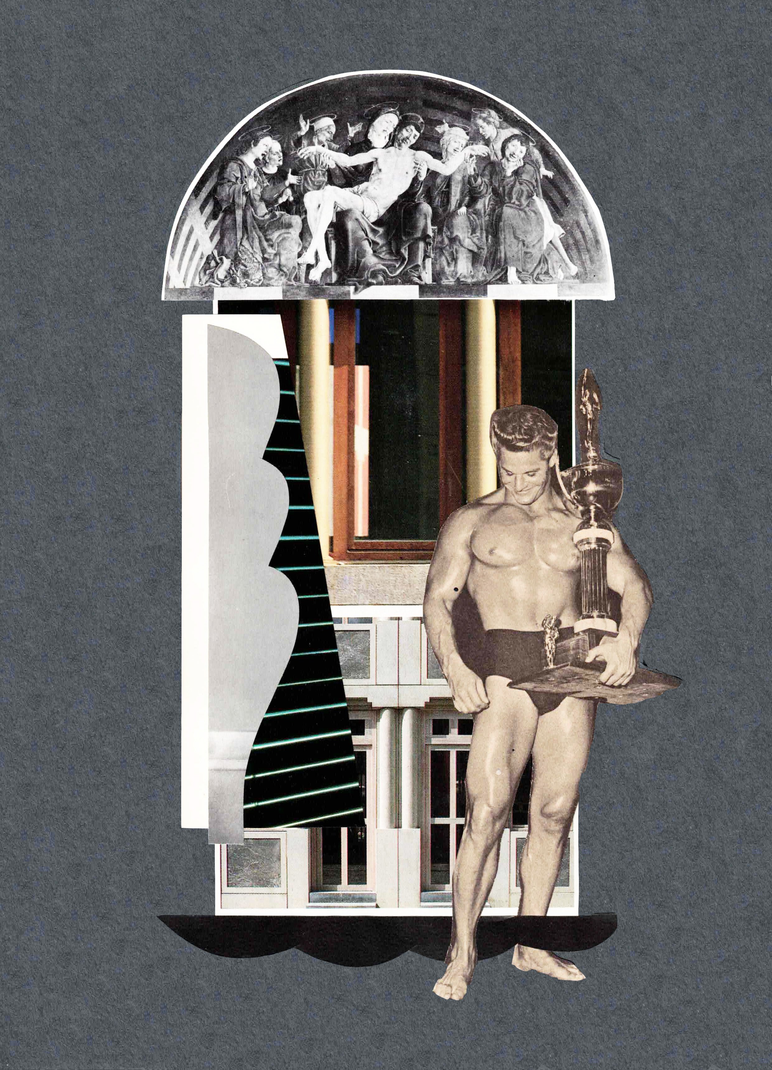 MONUMENT Collage, hand-cut found-image collage on wood panel, 9 × 12 inches.
