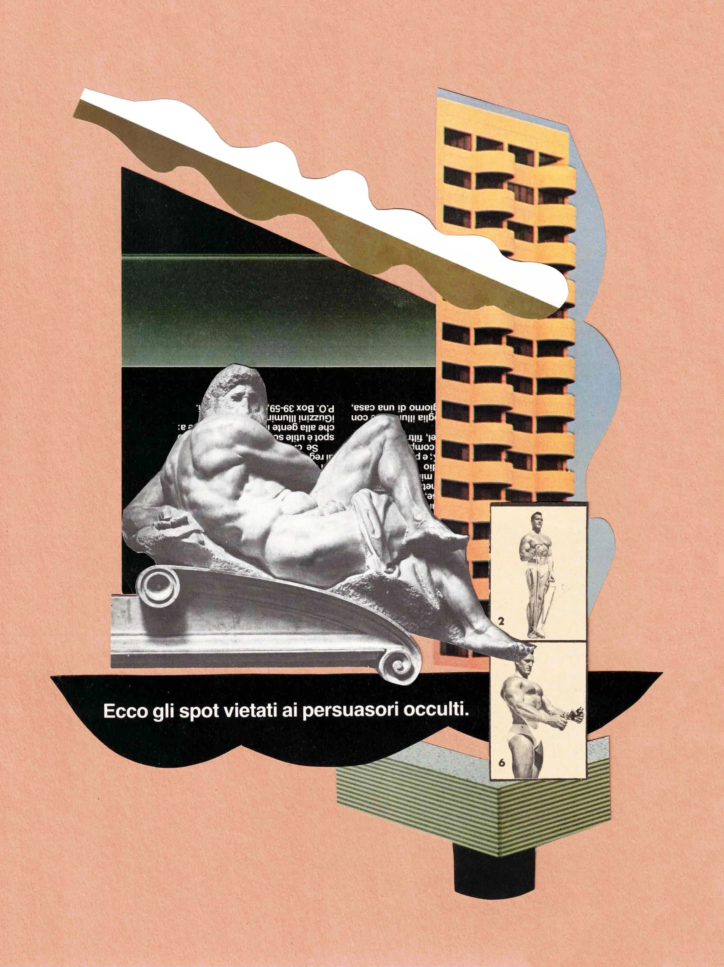MONUMENT Collage, hand-cut found-image collage on wood panel, 9 × 12 inches.
