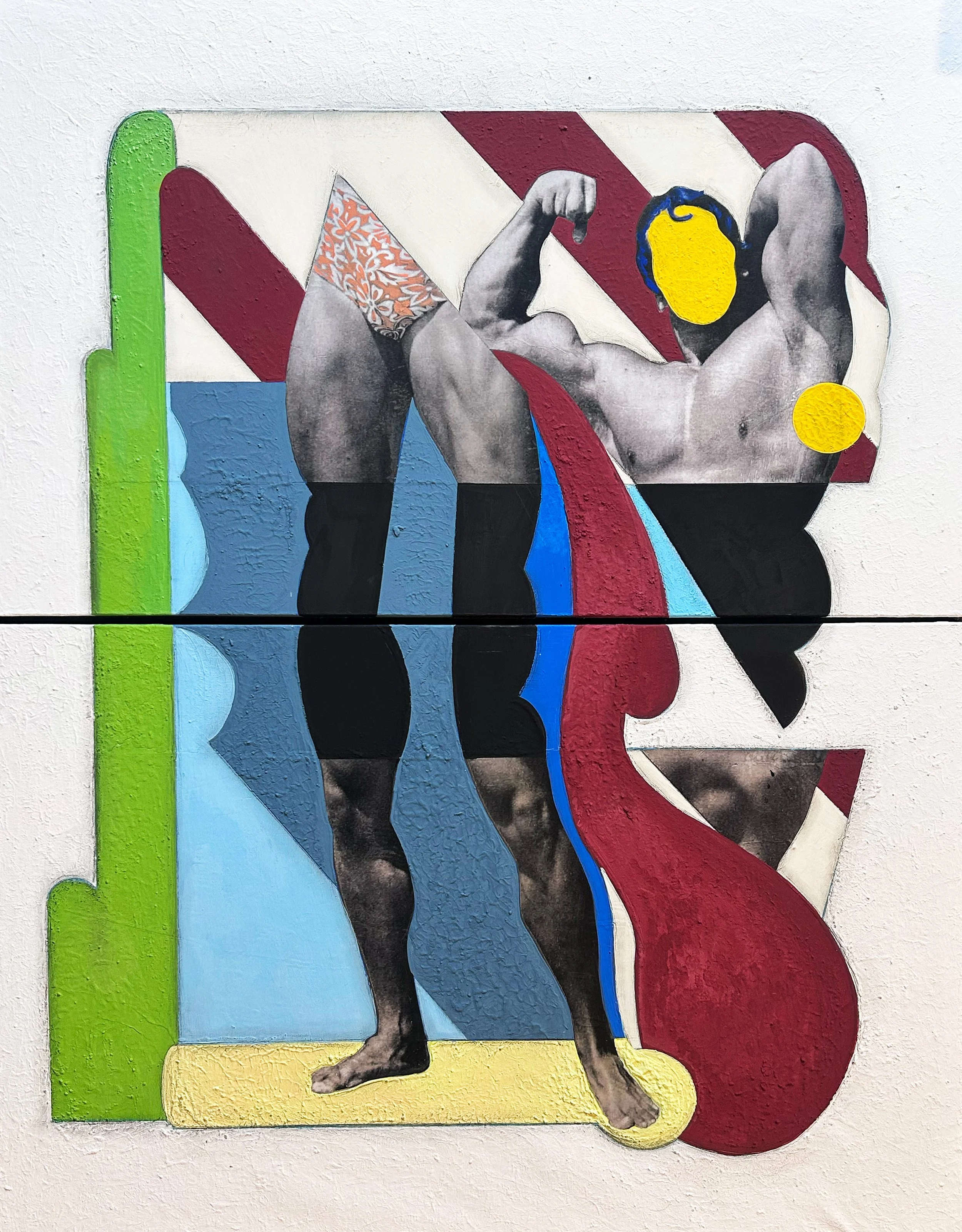 Arnie, 2024 ( Diptych) Water-based glue, acrylics, and plaster on canvas 36×48 in