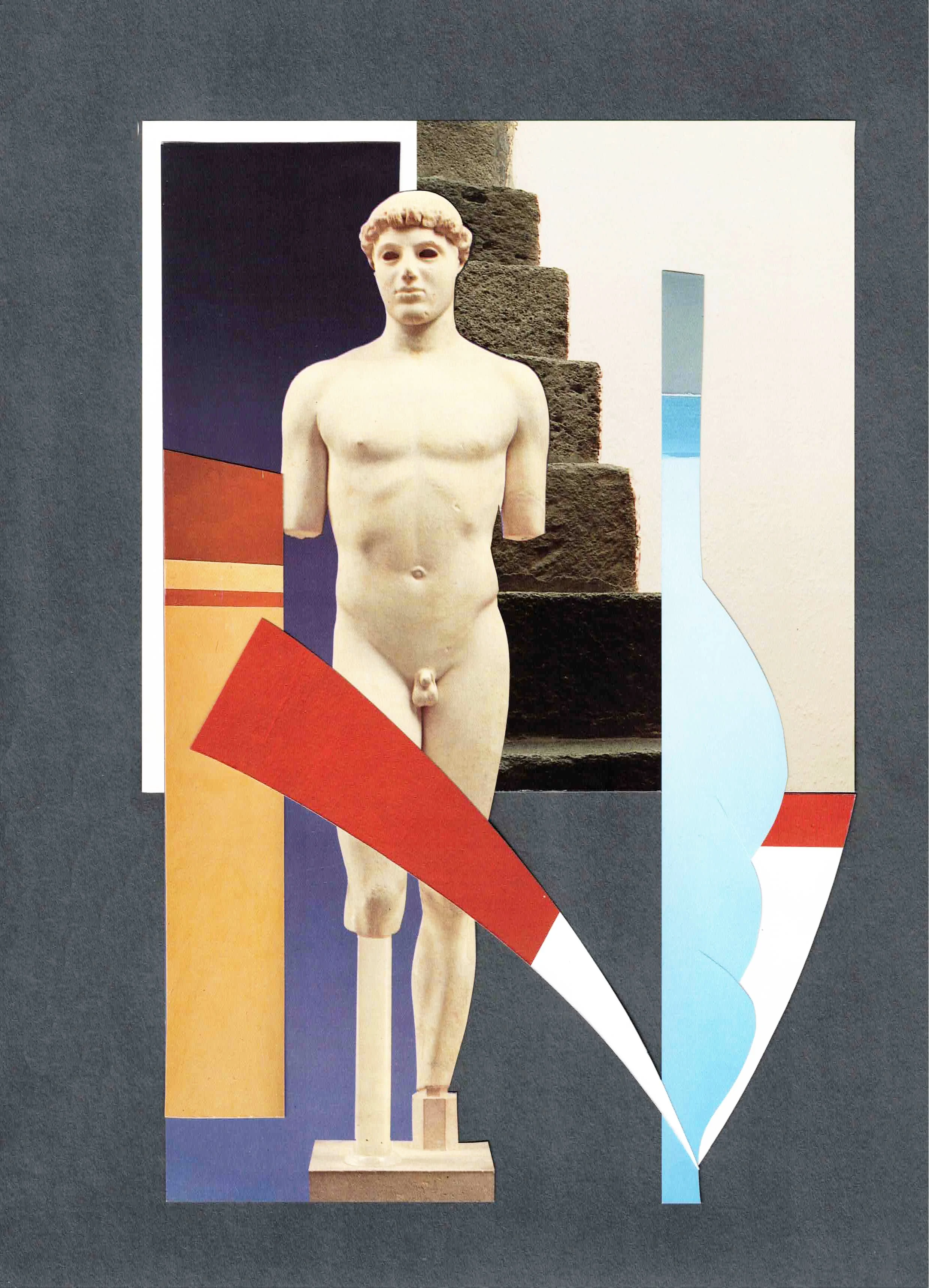 MONUMENT Collage, hand-cut found-image collage on wood panel, 9 × 12 inches.