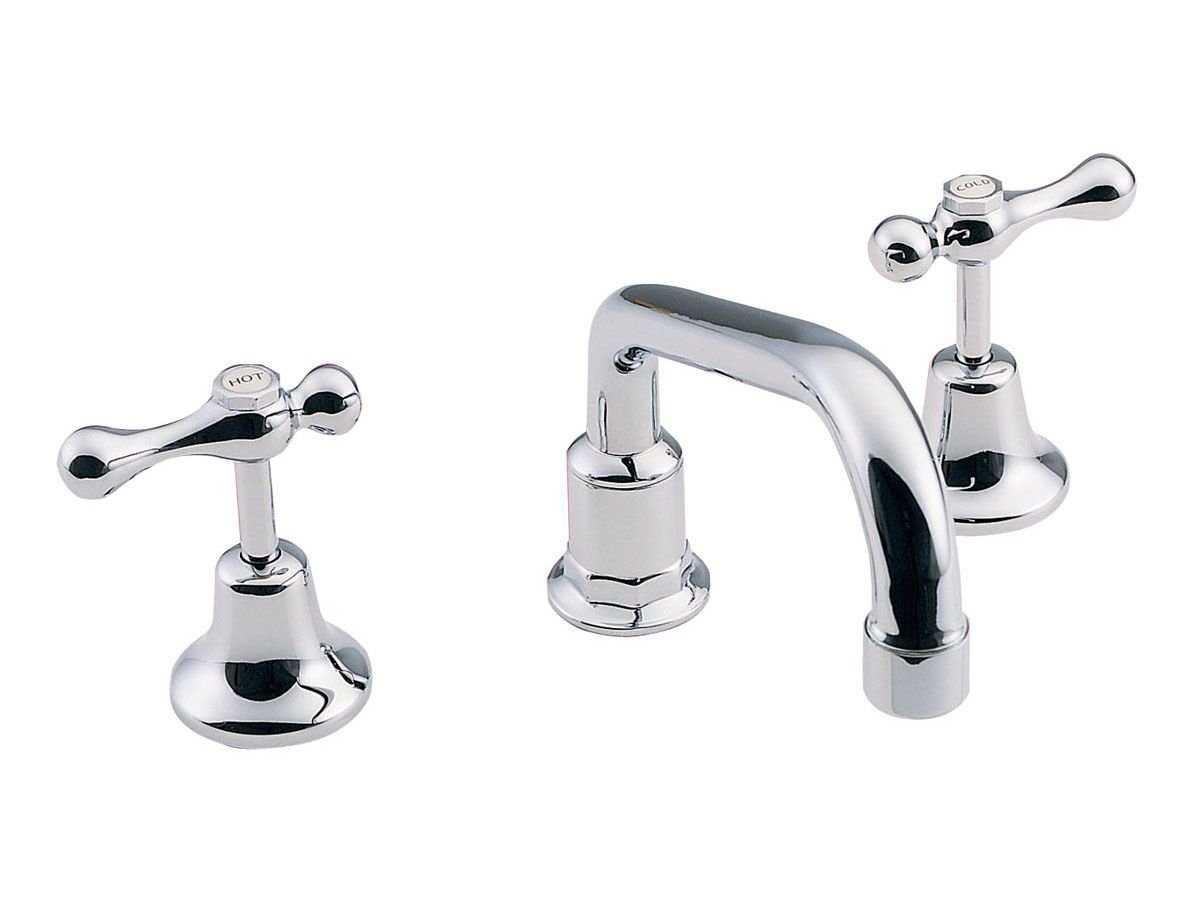 Chrome-finished bathroom sink faucet with separate hot and cold handles.