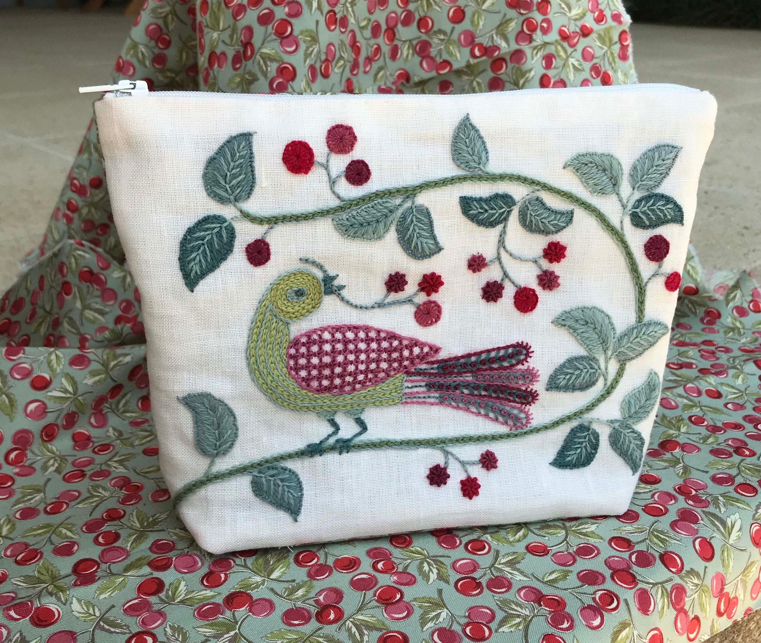 Zipped pouch with crewel embroidery: Very, Very Berry