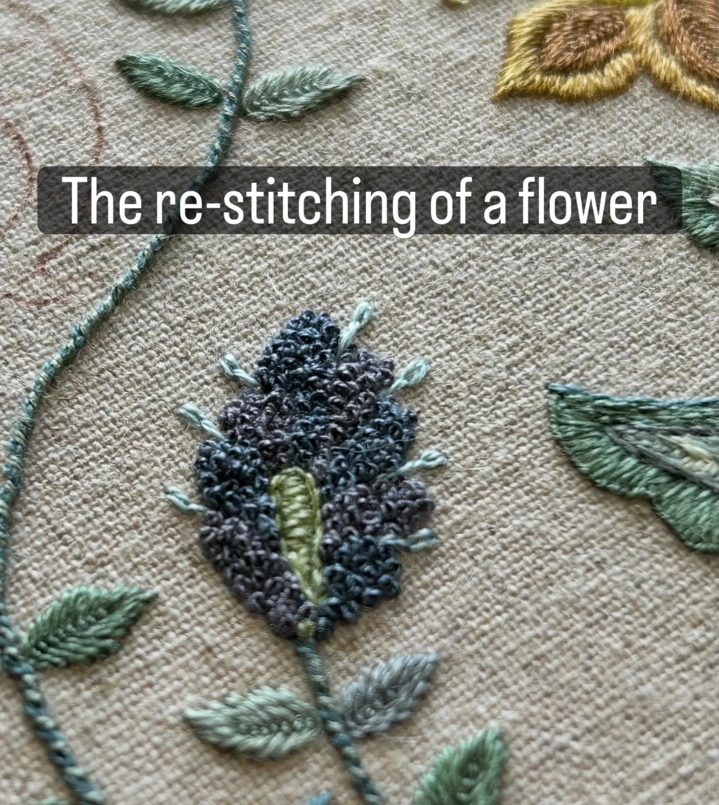 I almost forgot to show you 😳
I restitched the &lsquo;lumpy looking lavender&rsquo;. 
Now in close herringbone stitch it still has texture but much better and defined shape. I feel so much better about this version. 
#finestitchstudio 
#handembroide