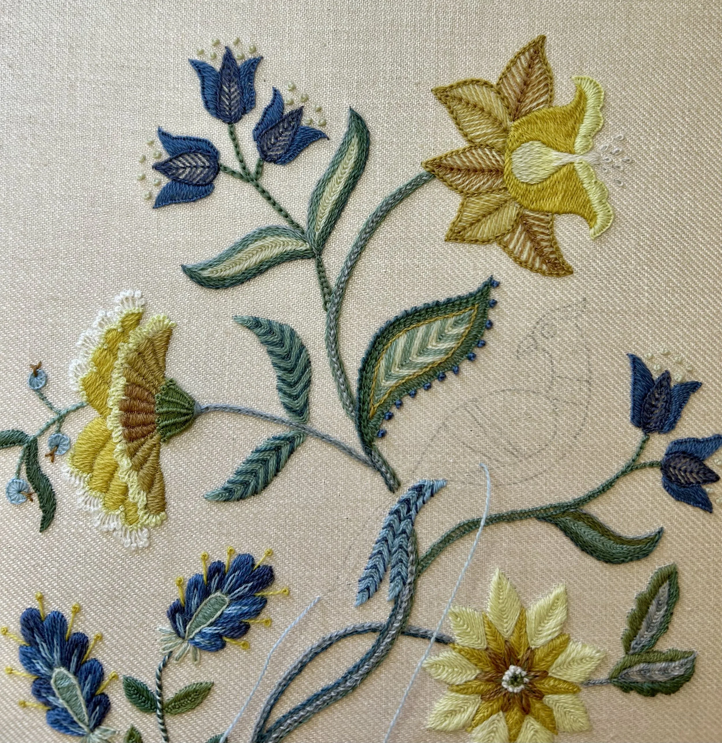 Traditional crewel embroidery in progress. Tree of Life design with a bird among the flowers and foliage.