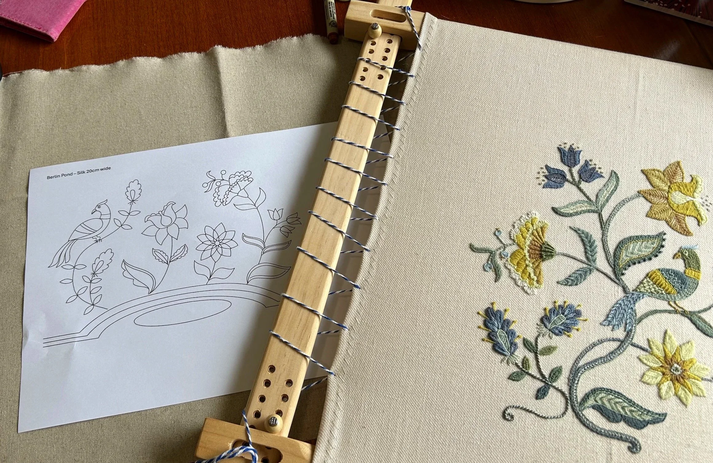 Pair of embroidery designs. Crewel work complete and pattern for silk embroidery ready to be transferred.