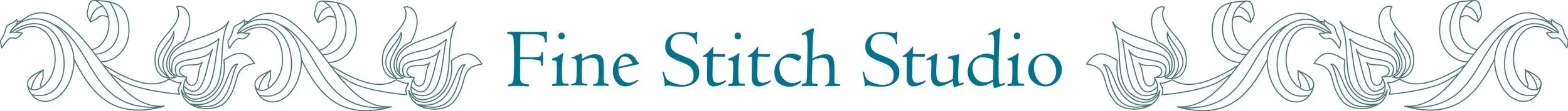 Fine Stitch Studio text in elegant teal script, framed by decorative swirling line patterns on both sides.