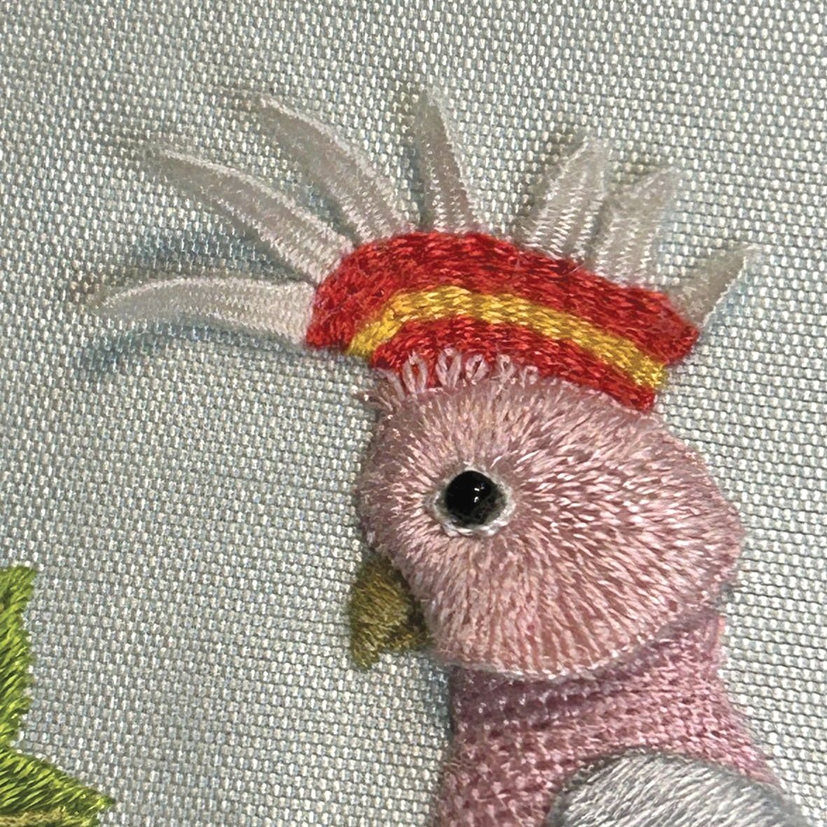Detail of embroidered cockatoo. Raised Embroidery Kit - RIPE for PICKING