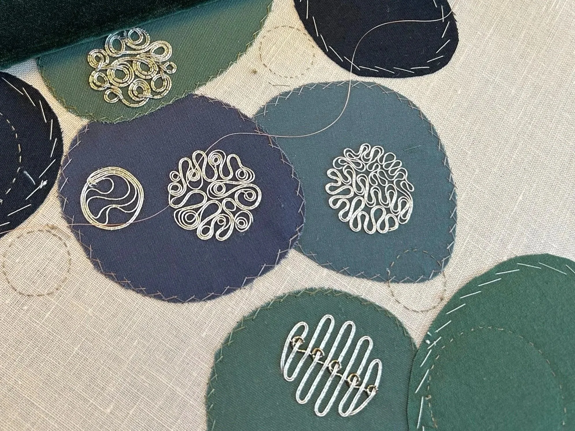 Metal thread embroidery sampler by Anna Scott