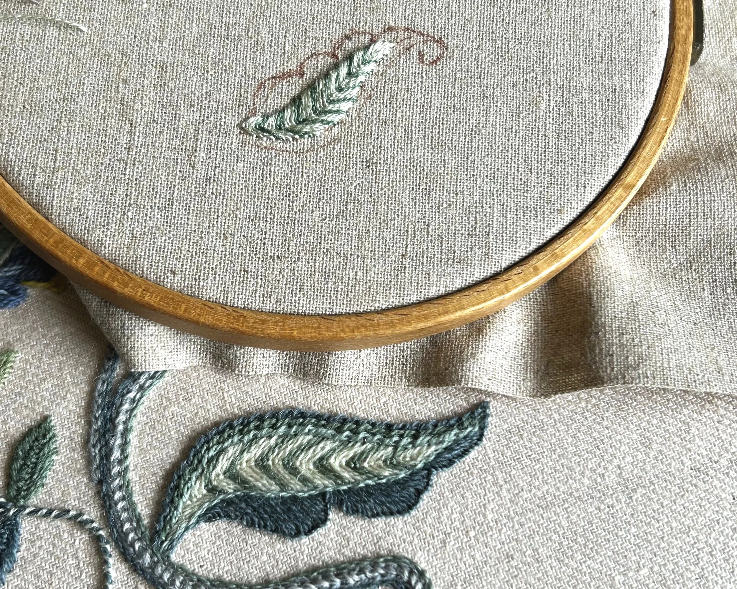 Stripy leaves embroidered in silk and wool.