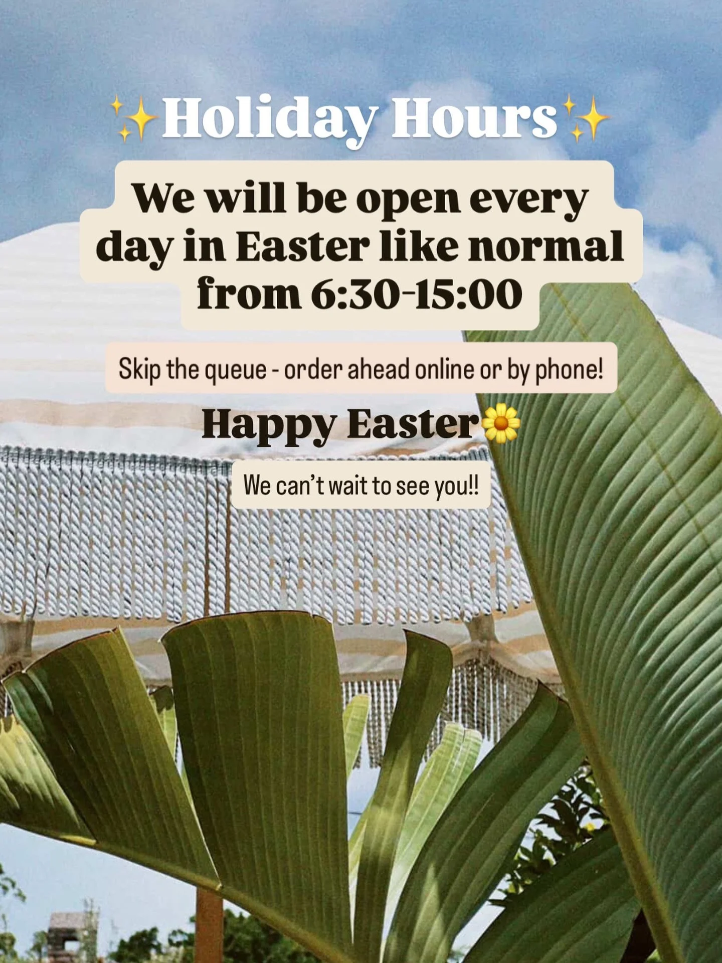 Top Shop Holiday Hours🐣✨ 
We will be open every day in Easter like normal from 6:30-15:00🌞
Skip the queue by ordering online or by phone. 
Happy Easter everyone, we can&rsquo;t wait to see you!!

Photo by @camille.vieira