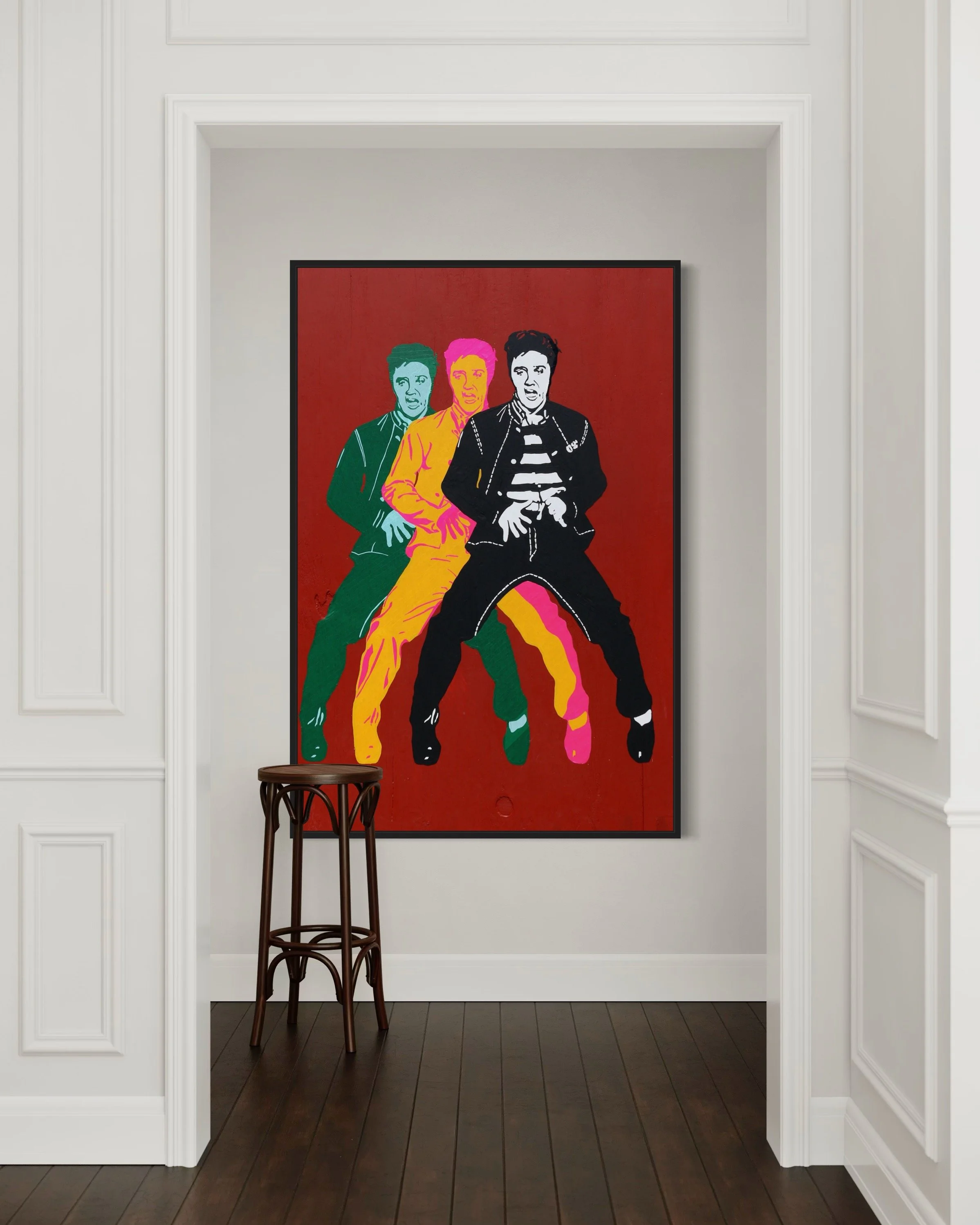 Elvis Presley portrait made from washi tape, 8 × 4 feet on plywood, finished with epoxy resin, by Austin tape artist Sam Orr