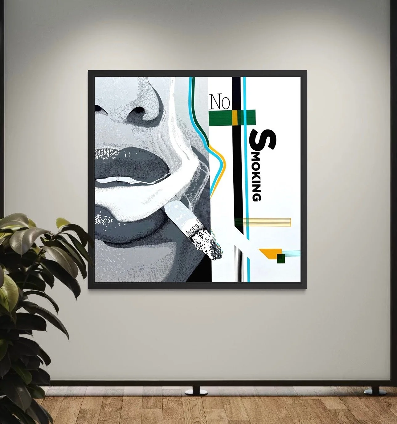 Smoking portrait made from washi tape, 4 x 4 feet on plywood, finished with epoxy resin, by Austin tape artist Sam Orr