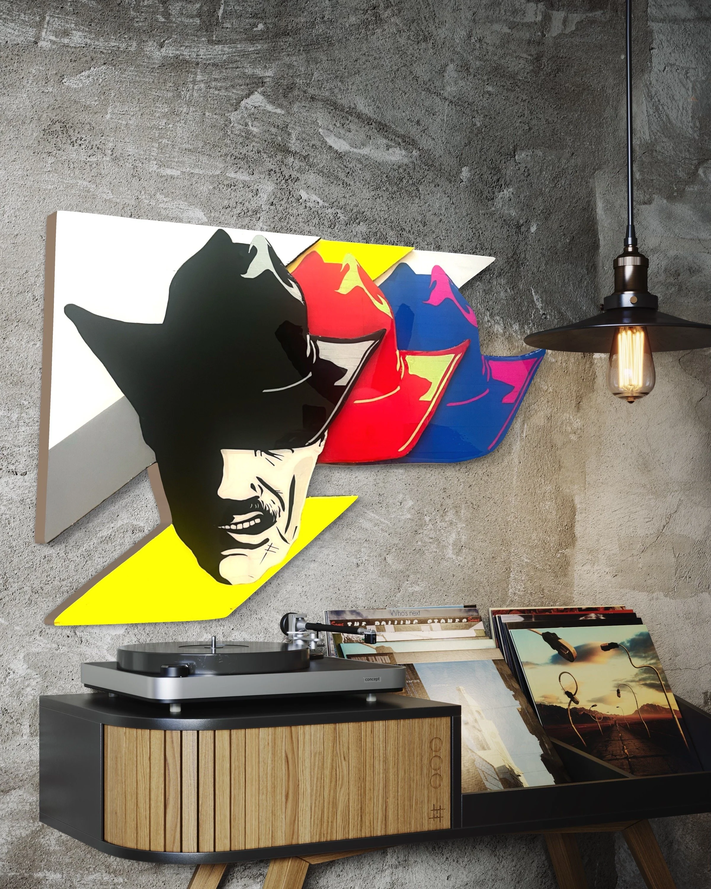 Layered western statement piece made from washi tape, 3 × 2 feet on plywood, finished with epoxy resin, by Austin tape artist Sam Orr