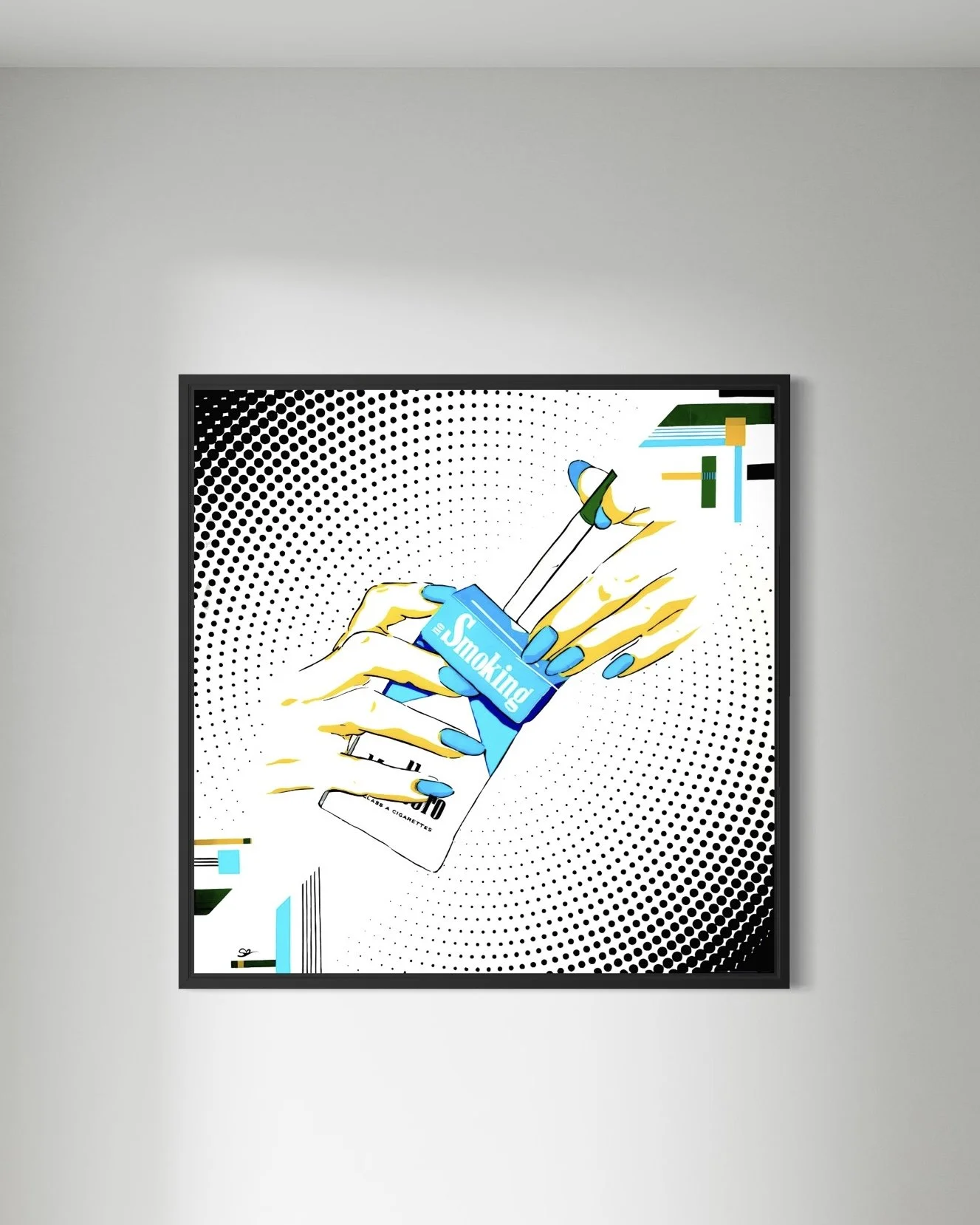 Smoking advertisement mural made from washi tape, 4 x 4 feet on plywood, finished with epoxy resin, by Austin tape artist Sam Orr