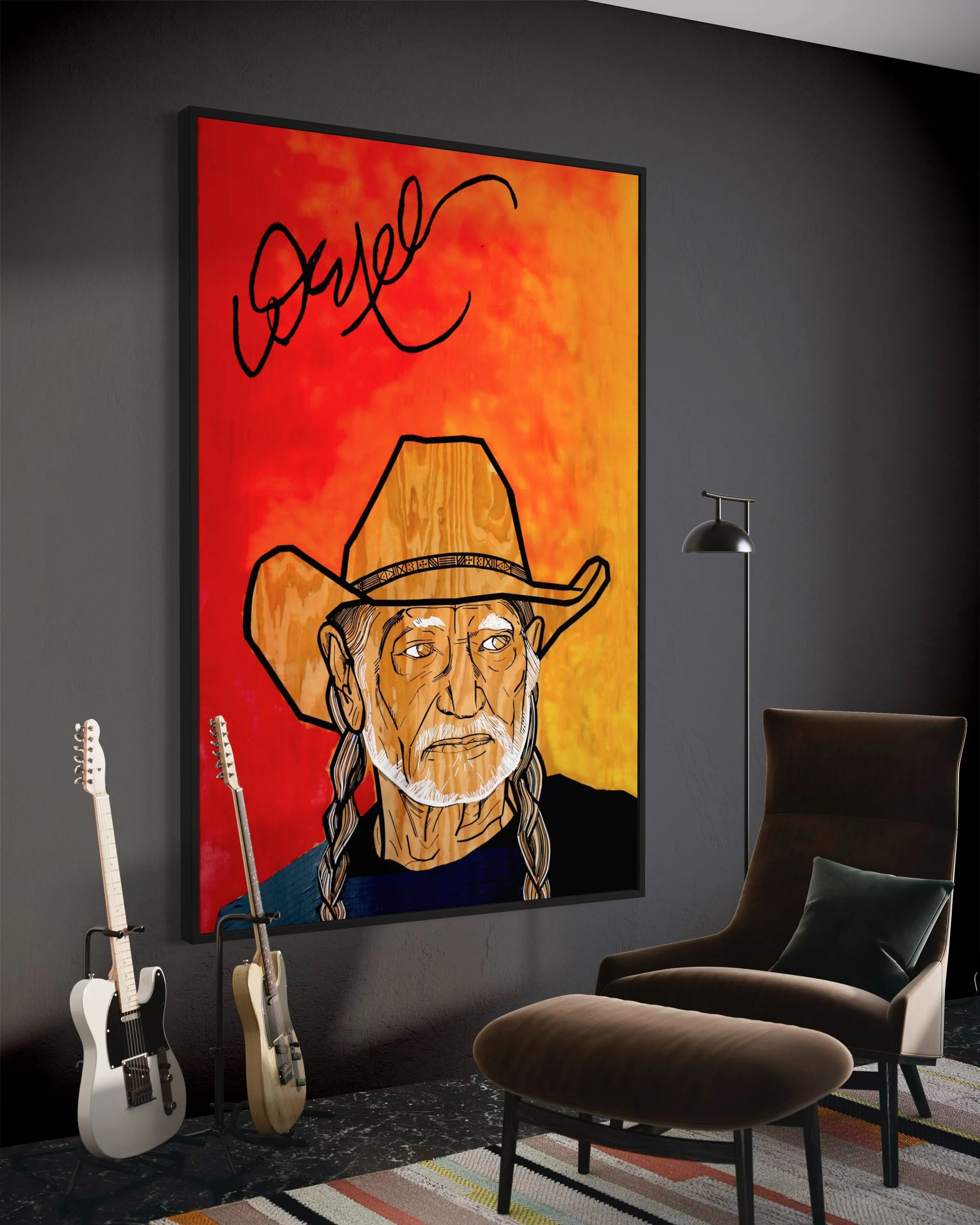 Willie Nelson portrait made from washi tape, 8 x 4 feet on plywood, finished with epoxy resin, by Austin tape artist Sam Orr