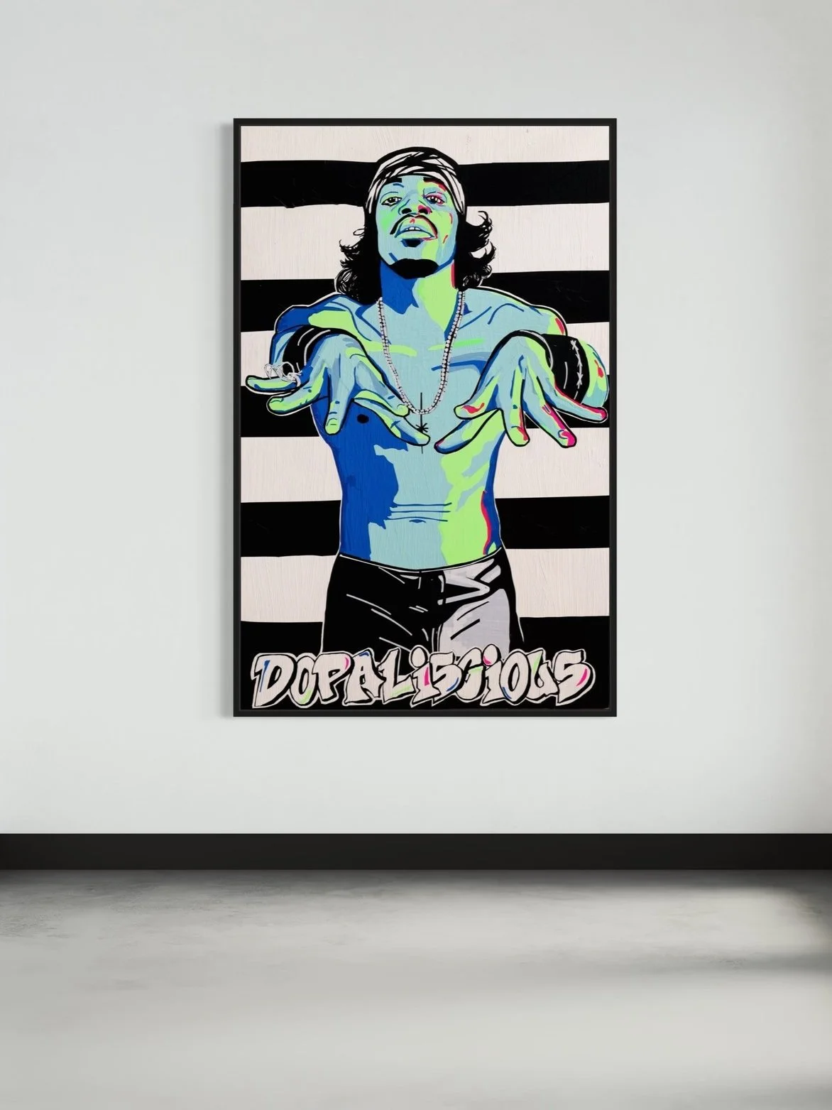 André 3000 portrait made from washi tape, 8 × 4 feet on plywood, finished with epoxy resin, by Austin tape artist Sam Orr