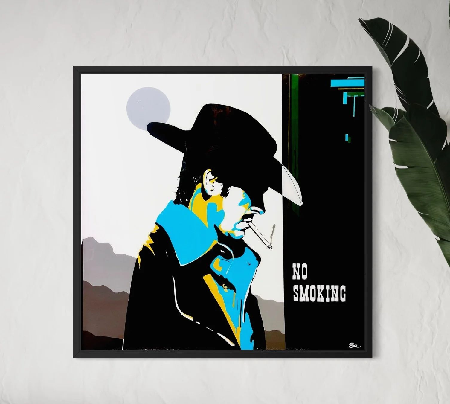 Western cowboy smoking portrait made from washi tape, 4 x 4 feet on plywood, finished with epoxy resin, by Austin tape artist Sam Orr