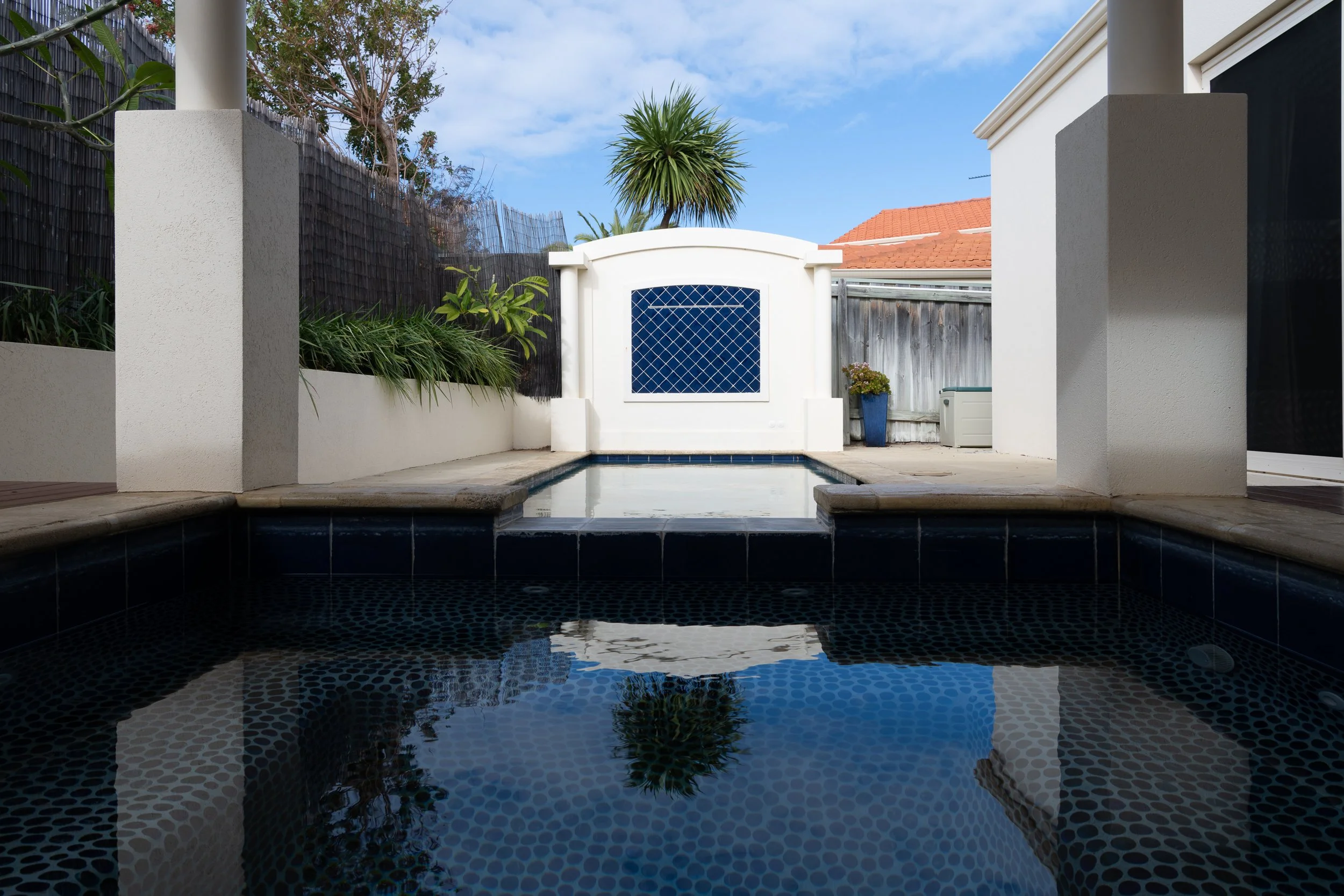 Backyard swimming pool with black tiled bottom, surrounded by a concrete deck, with a white privacy wall, greenery, a palm tree, and a wooden fence, under a partly cloudy sky.