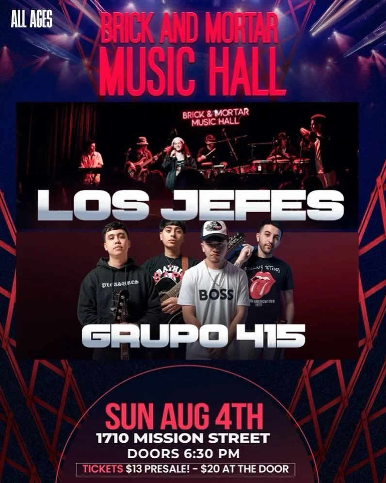 🚨SAN FRANCISCO!!🚨HUGE ANNOUNCEMENT👀 LOS JEFES👽 live concert accompanied by  GRUPO 415🌉 On August 4th were throwing a concert together at Brick and Mortar🪩. TICKETS IN BOTH OF OUR BIOS!! 🎫 

🚨&iexcl;&iexcl;SAN FRANCISCO!!🚨UN GRAN ANUNCIO👀 LO