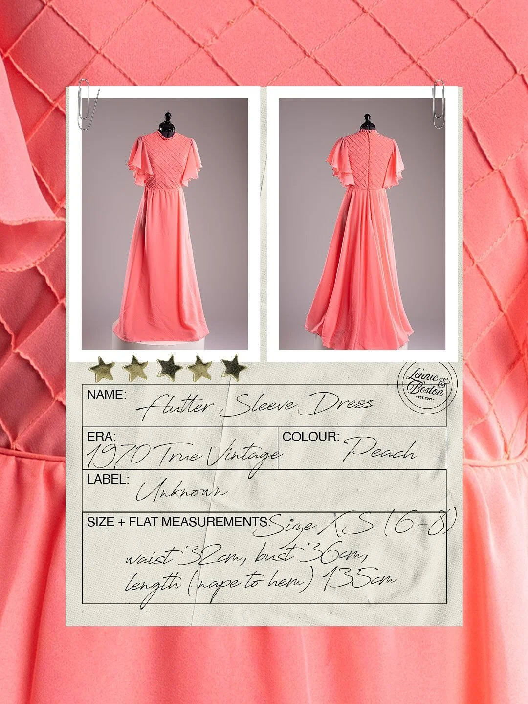 Soft peach perfection 🍑✨ 
Flutter sleeves and flowing lines that whisper of summer nights in the 70s. Rare. Romantic. Ready for you soon.