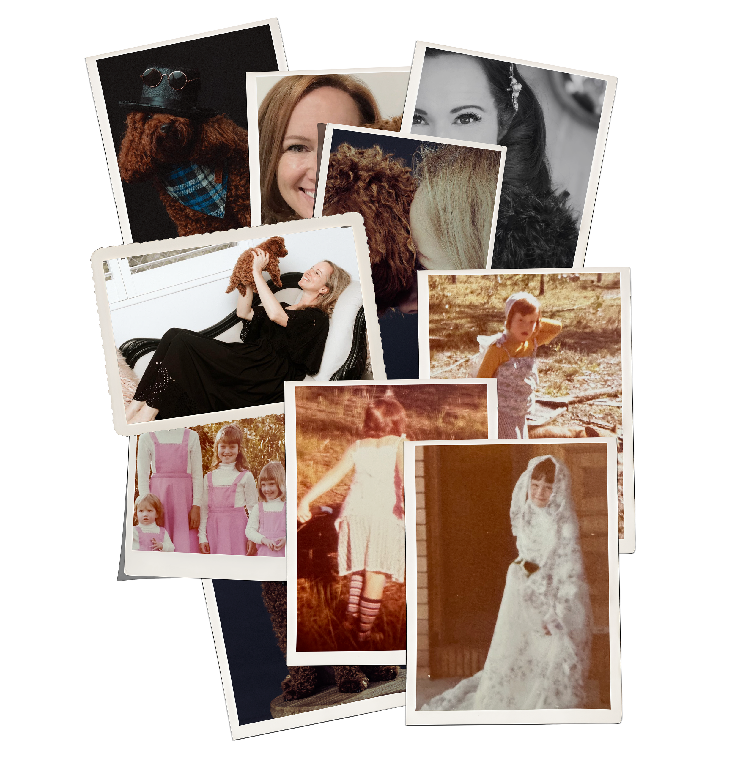 Collage of vintage and recent photographs featuring women, children, a dog dressed in accessories, and outdoor scenes, including a girl in a wedding dress and children with colorful clothing.