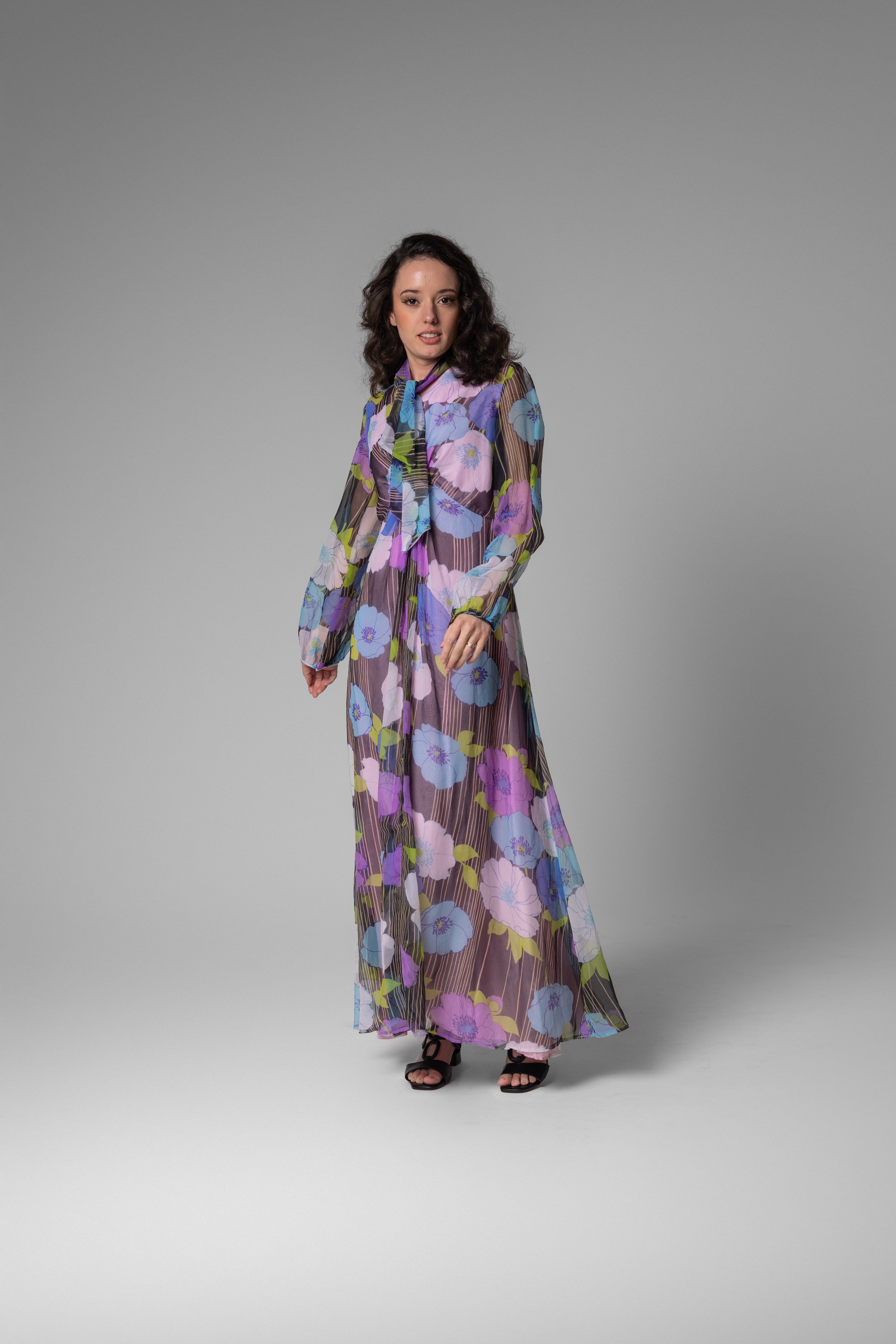 1970 Purple/Blue taffeta dress with sheer floral overlay