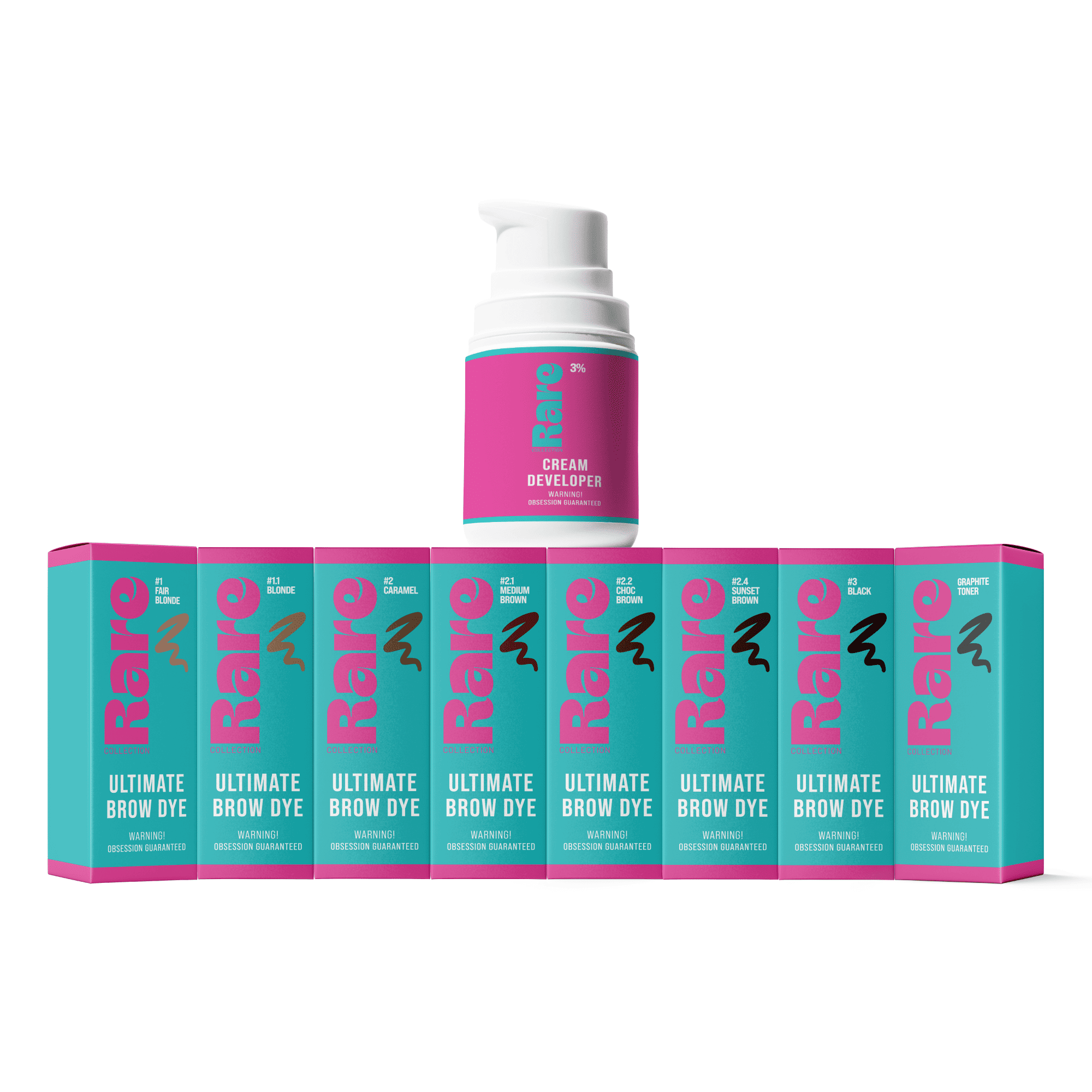 Rare Collection Brow Specialist Kit featuring 8 hybrid brow dye boxes and a large 50ml Cream Developer pump bottle in bold pink and teal packaging.